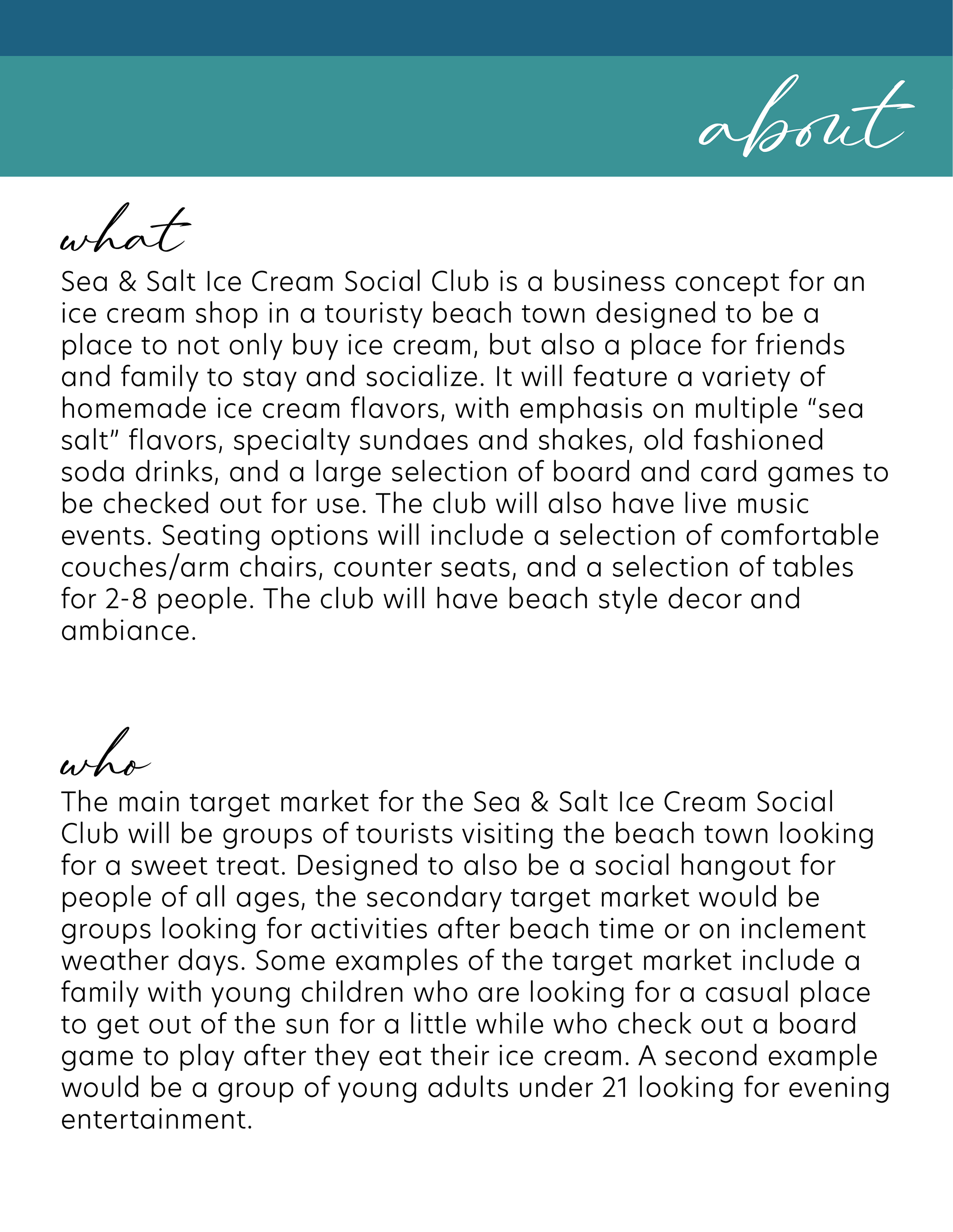 Page one of the Sea & Salt Ice Cream Social Club brand folder describes what the company is and who the target market is.