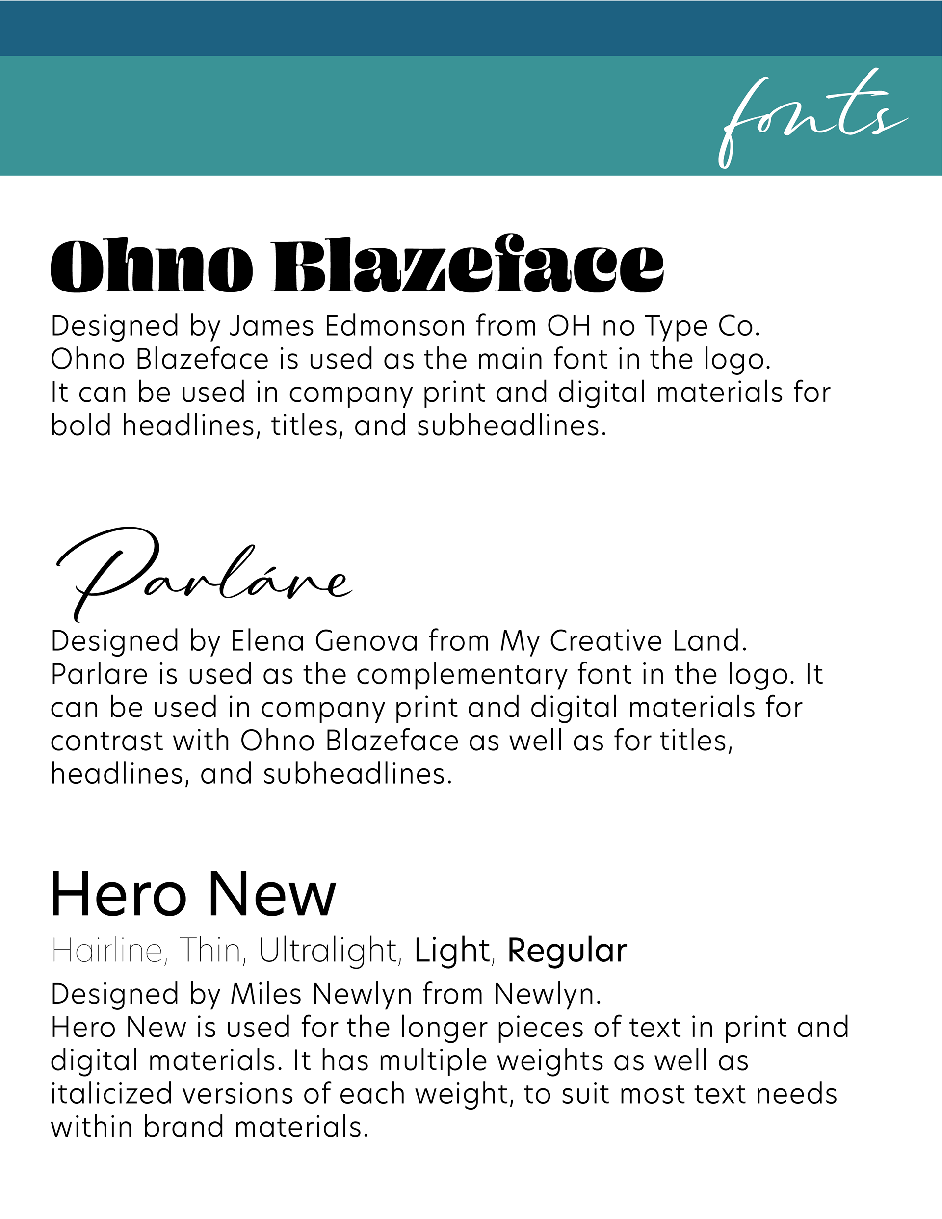 Page four of the Sea & Salt Social Club brand folder lists the three brand fonts, Ohno Blazeface, Parlare, and Hero New with how they are used within the brand.