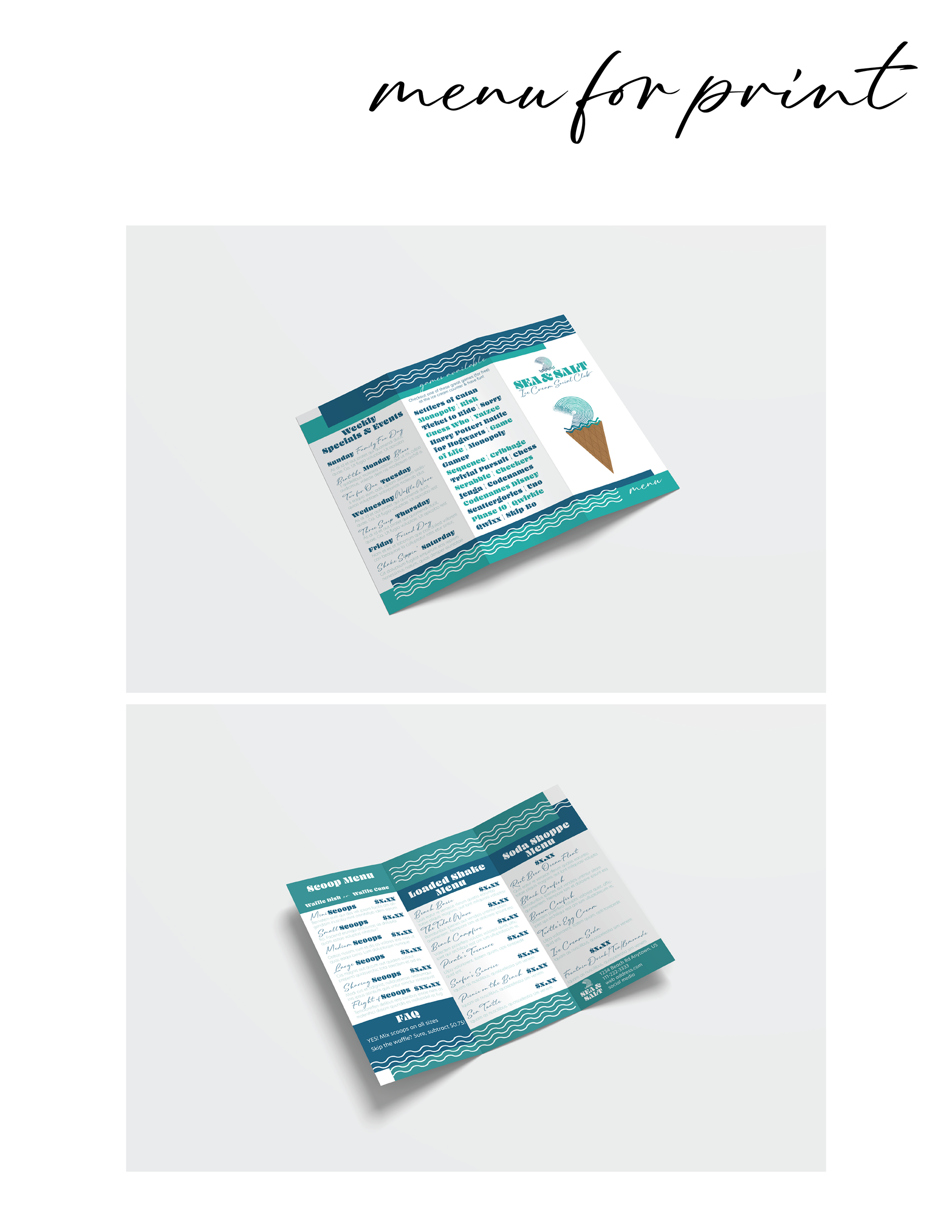 Page six of the Sea & Salt Social Club brand folder shows a print asset created for the brand. There is a font and back photo of a menu in a trifold layout. 