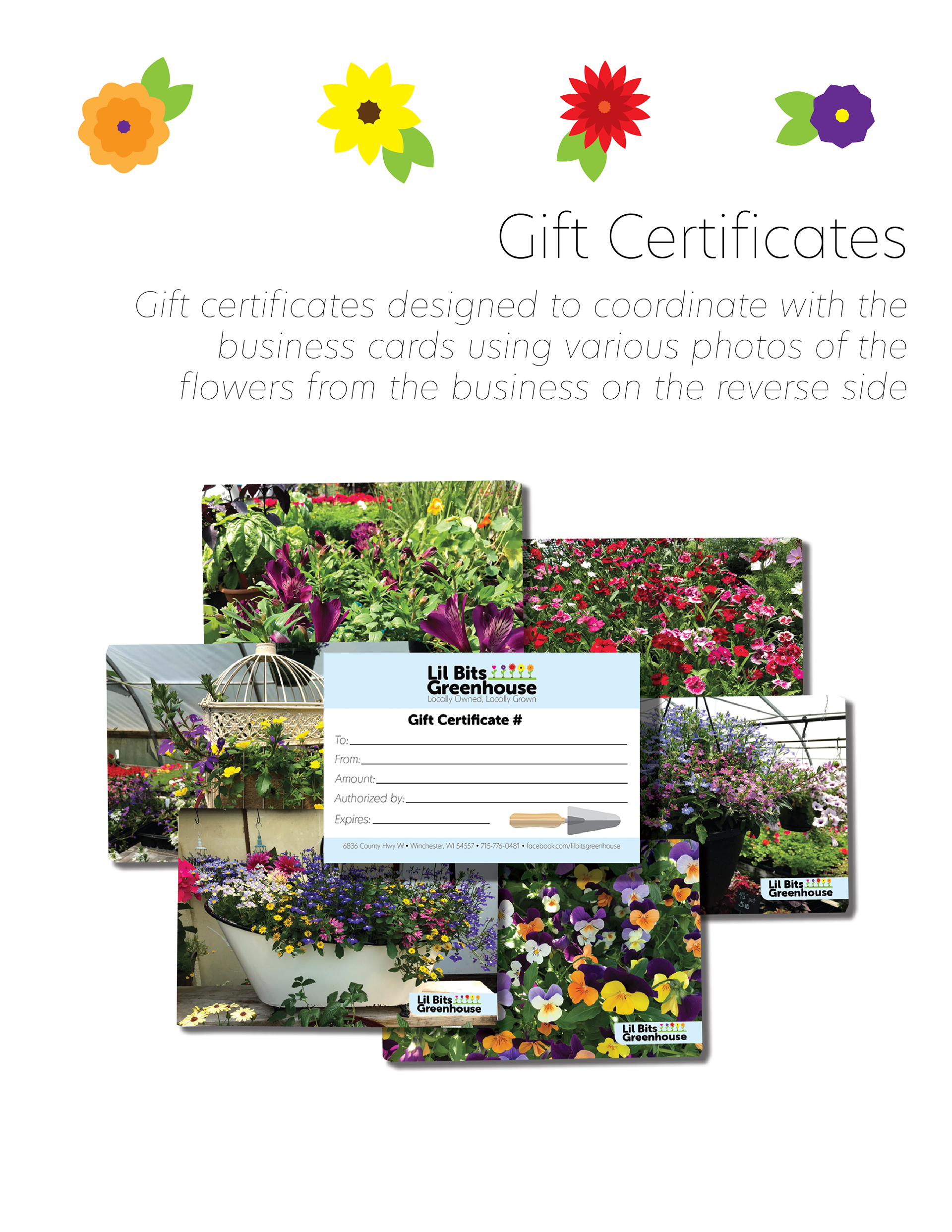 Page nine of the Lil Bits Greenhouse branding folder continues to show print assets by displaying gift certificates that also use flower photos from the greenhouse on the back side.