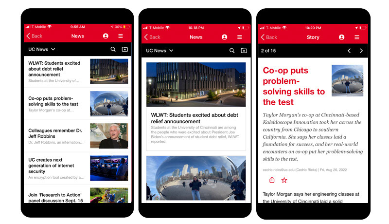 News screens for mobile app