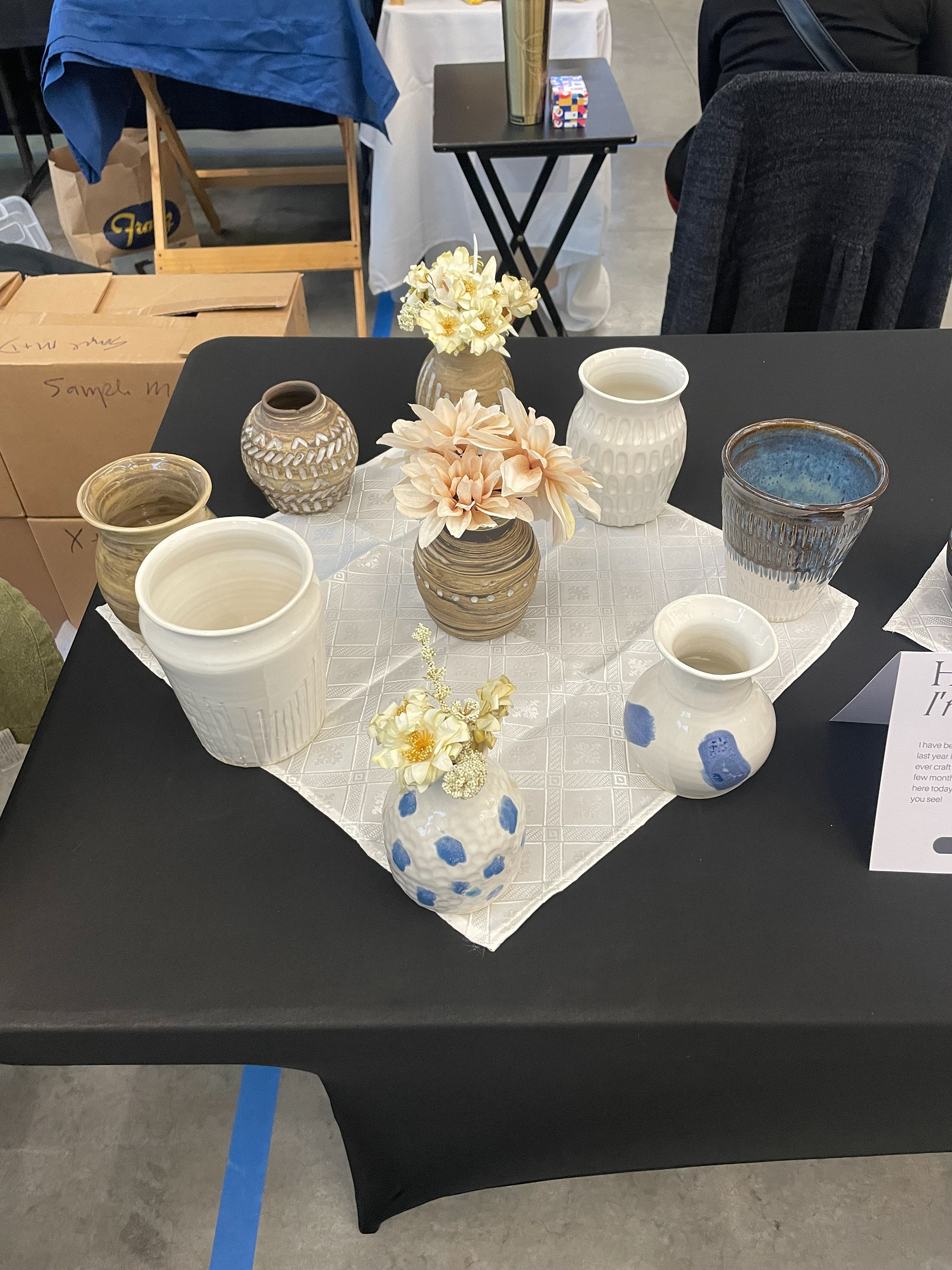 First Craft Fair: I made these vases for my first ever craft fair! Fun Fact: I had four more vases to accompany these guys but on my way home from the studio I was driving behind an idiot who waited until the last second to brake, causing me to slam on my brakes. My precious vases flew out of the backseat and crashed onto the floor, breaking my four favorites :( This is why we drive safely folks.