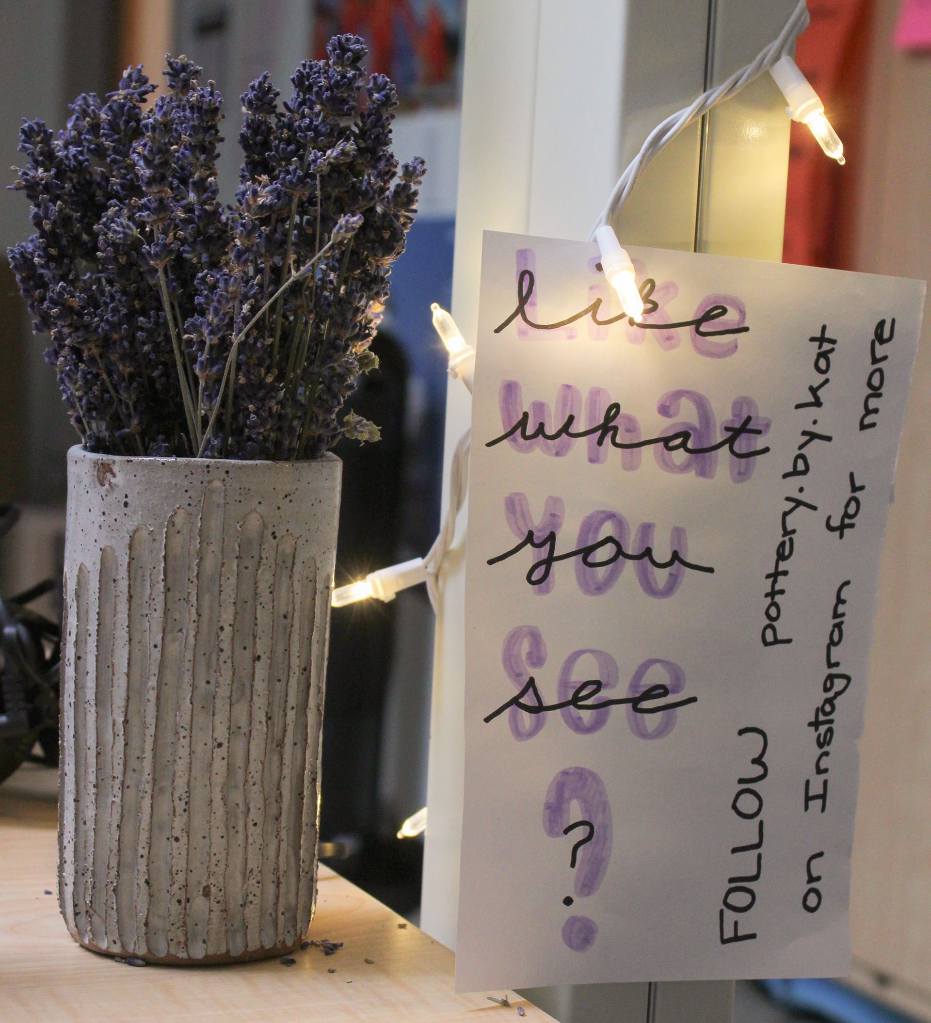 Lavender Vase: As a senior in high school I spent the majority of my days in the pubs room (I was of course taking three pubs classes). Because of this, I basically got to claim my own desk and decided to do a bit of decorating! I brought in my favorite vase I had made and when I came back the following weekend, I found that my teacher had gotten dried lavender to put in the vase.