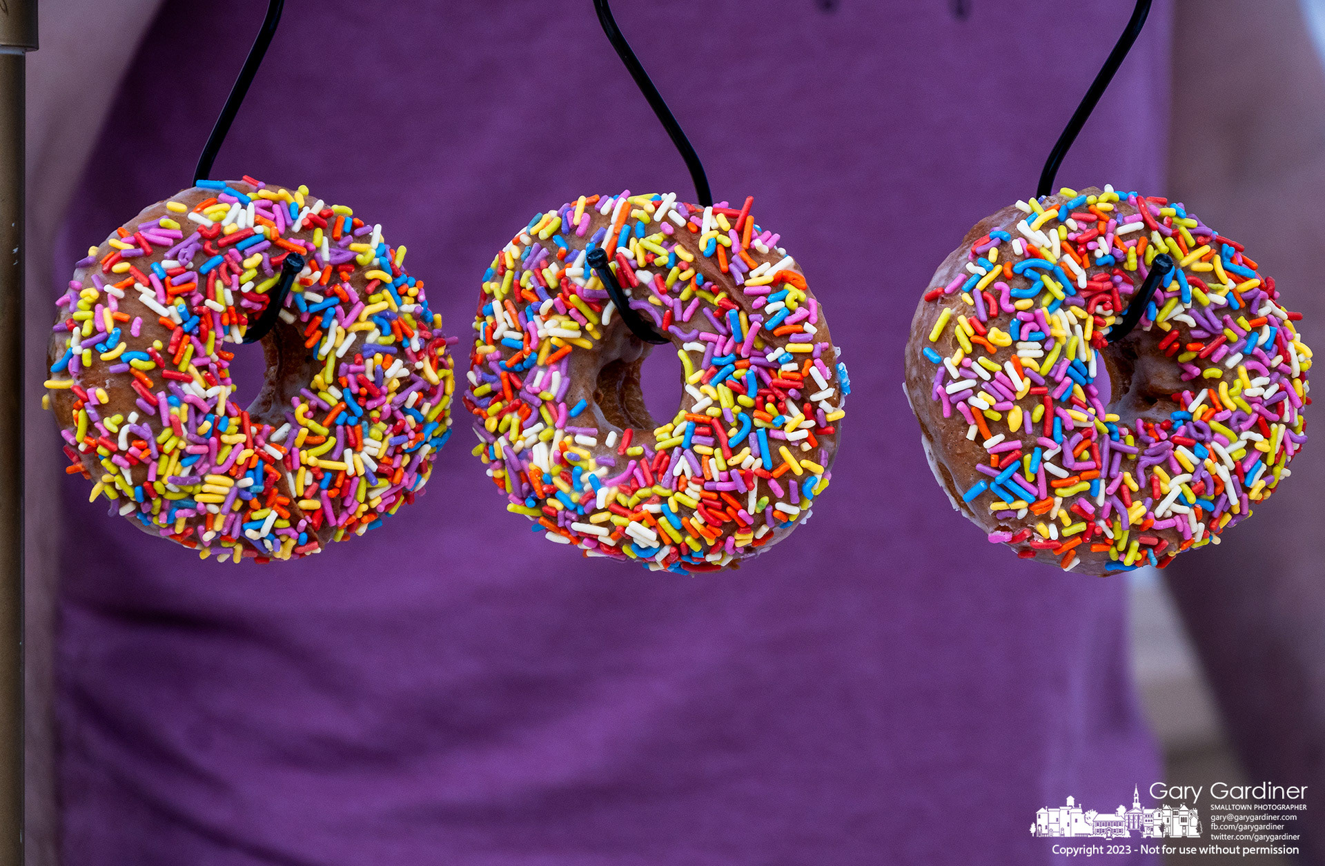 A trio of sprinkled donuts is hung on display to entice customers to choose between them or a selection of other varieties of fresh donuts in a vendor's booth at the Saturday Farmers Market. My Final Photo for July 8, 2023. 