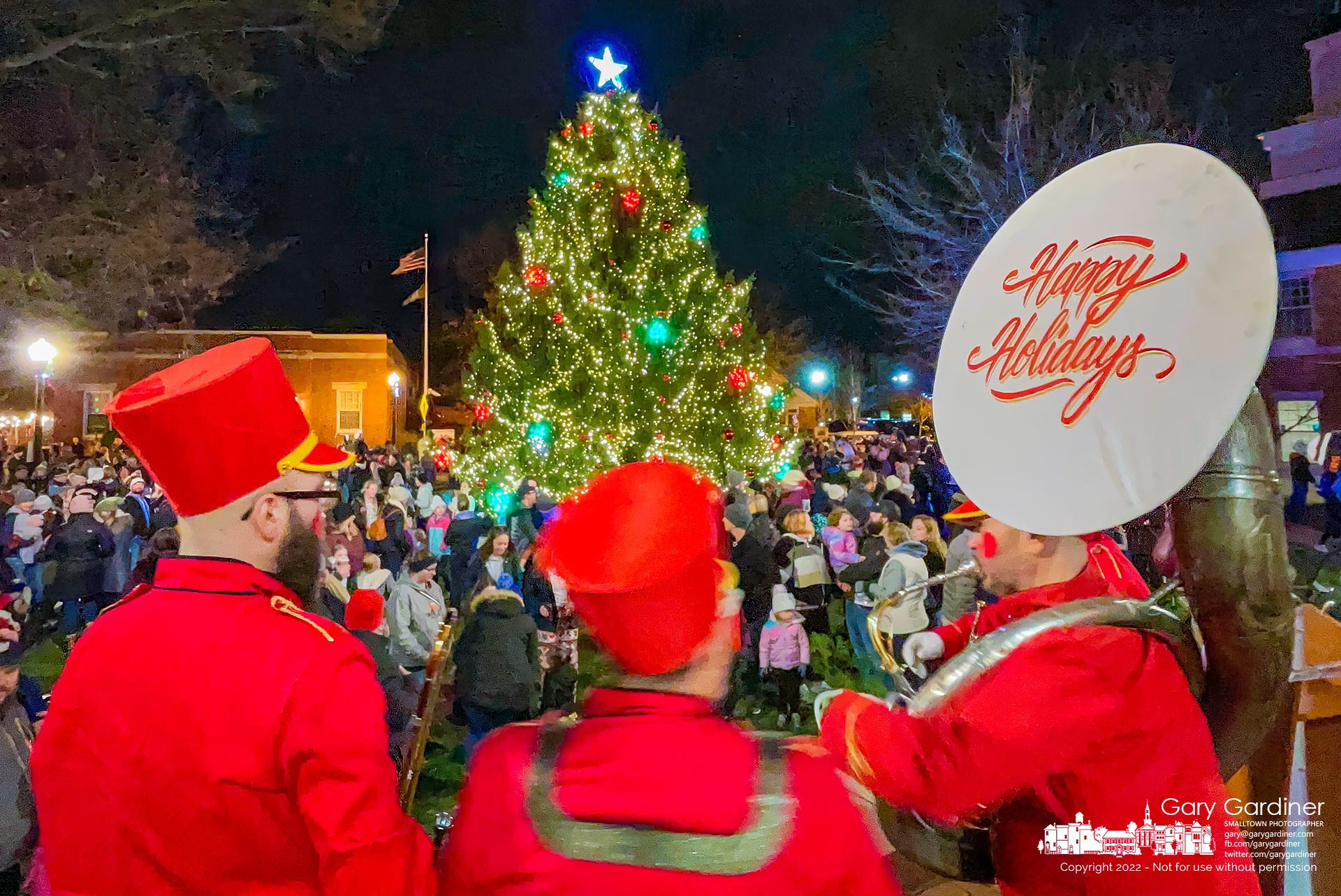 A band plays Christmas music for the crowd gathered in front of city hall for the Holiday Tree lighting ceremony and a visit by St. Nicholas. My Final Photo for December 2, 2022.