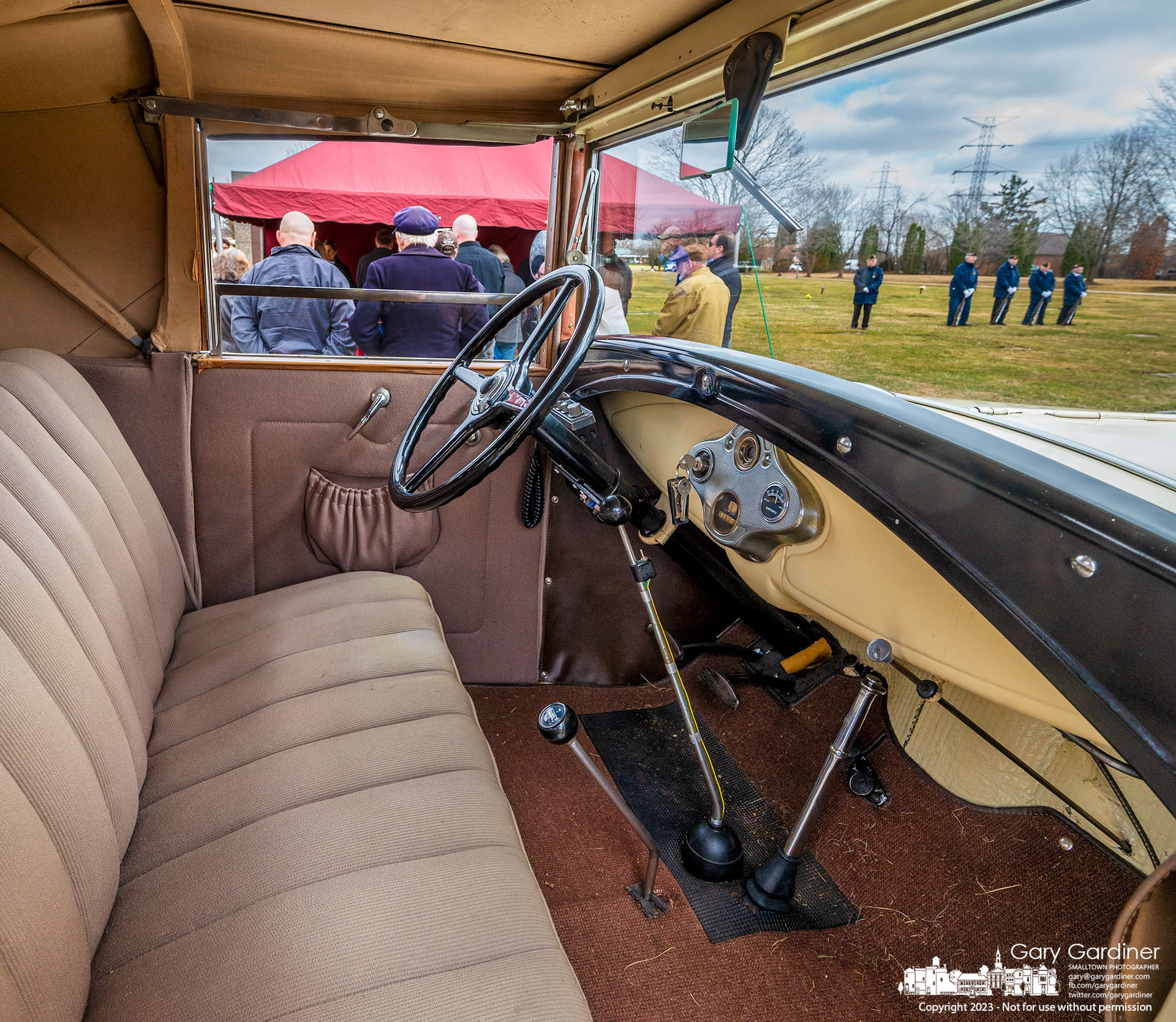 The driver's seat of Ellis Kauffman's Ford Model A sits empty as family and friends from the Scioto Ford Model A Club laid him to rest in Westerville after following the hearse in a parade of Model A cars through Uptown. My Final Photo for February 28, 2023.