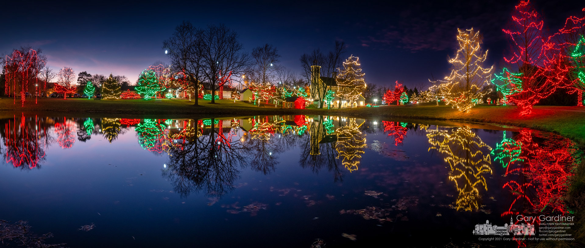 Lights at Heritage Park brighten both the park and the season as the sky begins to darken at sunset. My Final Photo for Dec. 2, 2021.