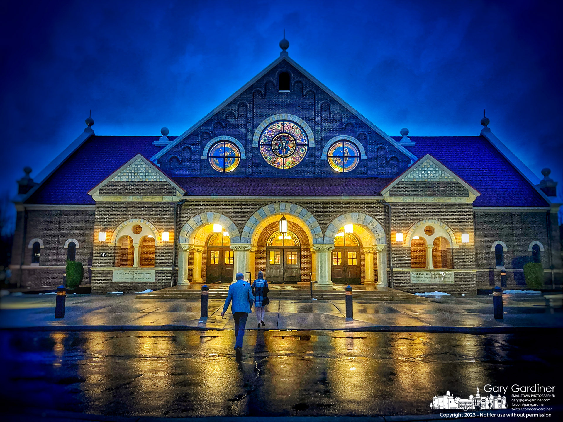 Parishioners enter St. Paul the Apostle Catholic Church on a wet winter morning before sunrise. My Final Photo for January 29, 2023. 