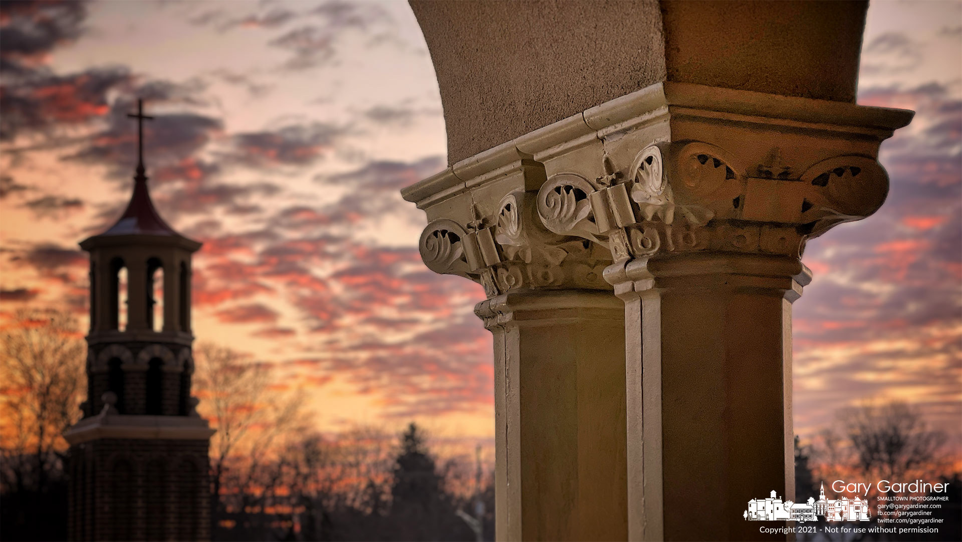 The morning sun brings color to the old steeple and newer columns at St. Paul the Apostle Catholic Church. My Final Photo for Jan. 30, 2022.