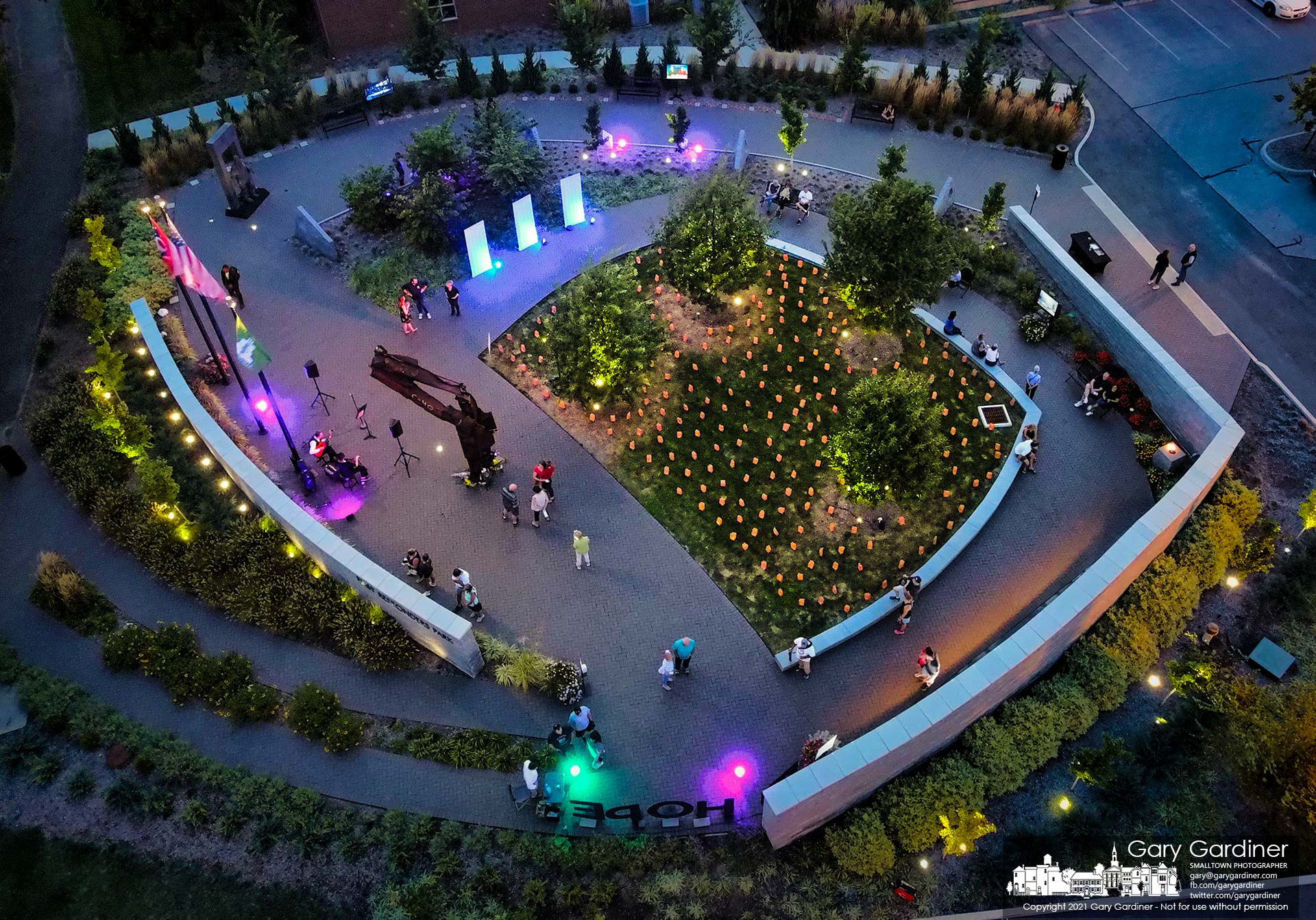 Luminaries marking the number of people killed in the collapse of the World Trade Center Towers 20 years ago illuminates the lawn at the Westerville First Responders Park on the second day of a memorial honoring people who died in the collapse. My Final Photo for Sept. 12, 2021.