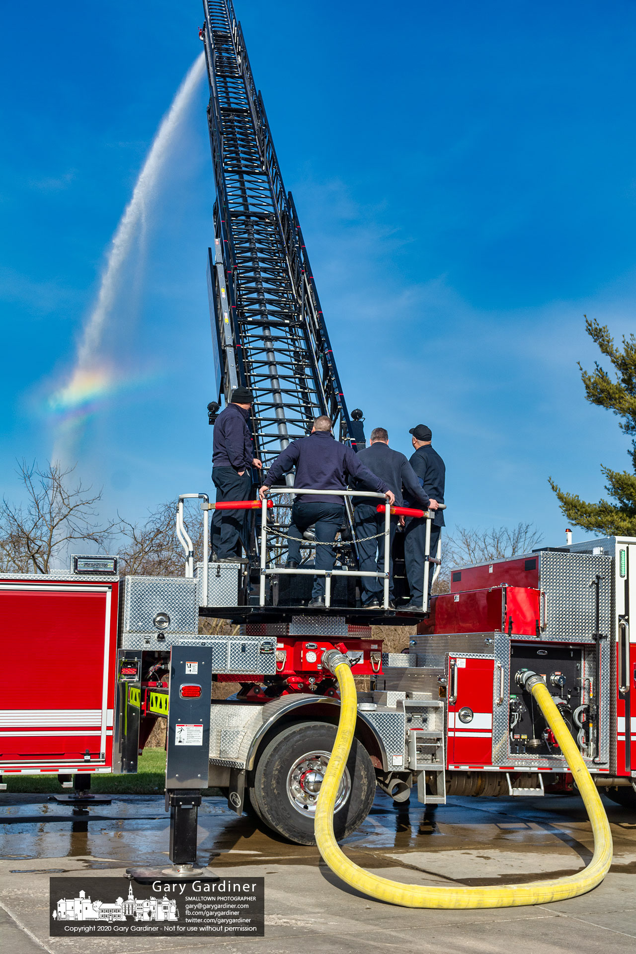 Westerville firefighters tested hose couplings on the department's new Hook and Ladder Co. 111 tiller truck at the fire station creating a small rainbow over a retention pond behind the building. My Final Photo for Jan. 13, 2021.