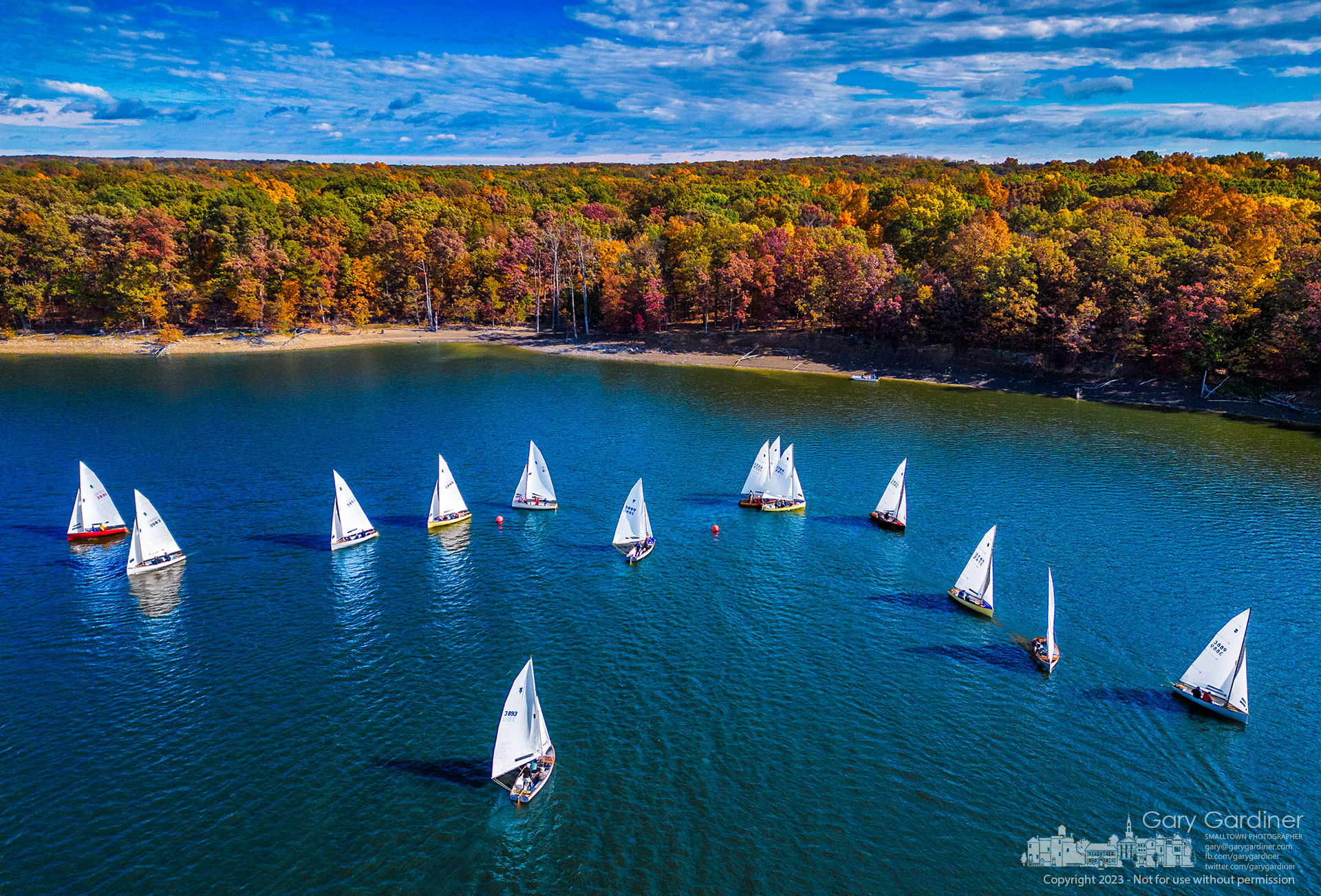 Sailboats turn into the wind around the downwind buoys in an afternoon race at Hoover Sailing Club on Hoover Reservoir. My Final Photo for October 21, 2023. 