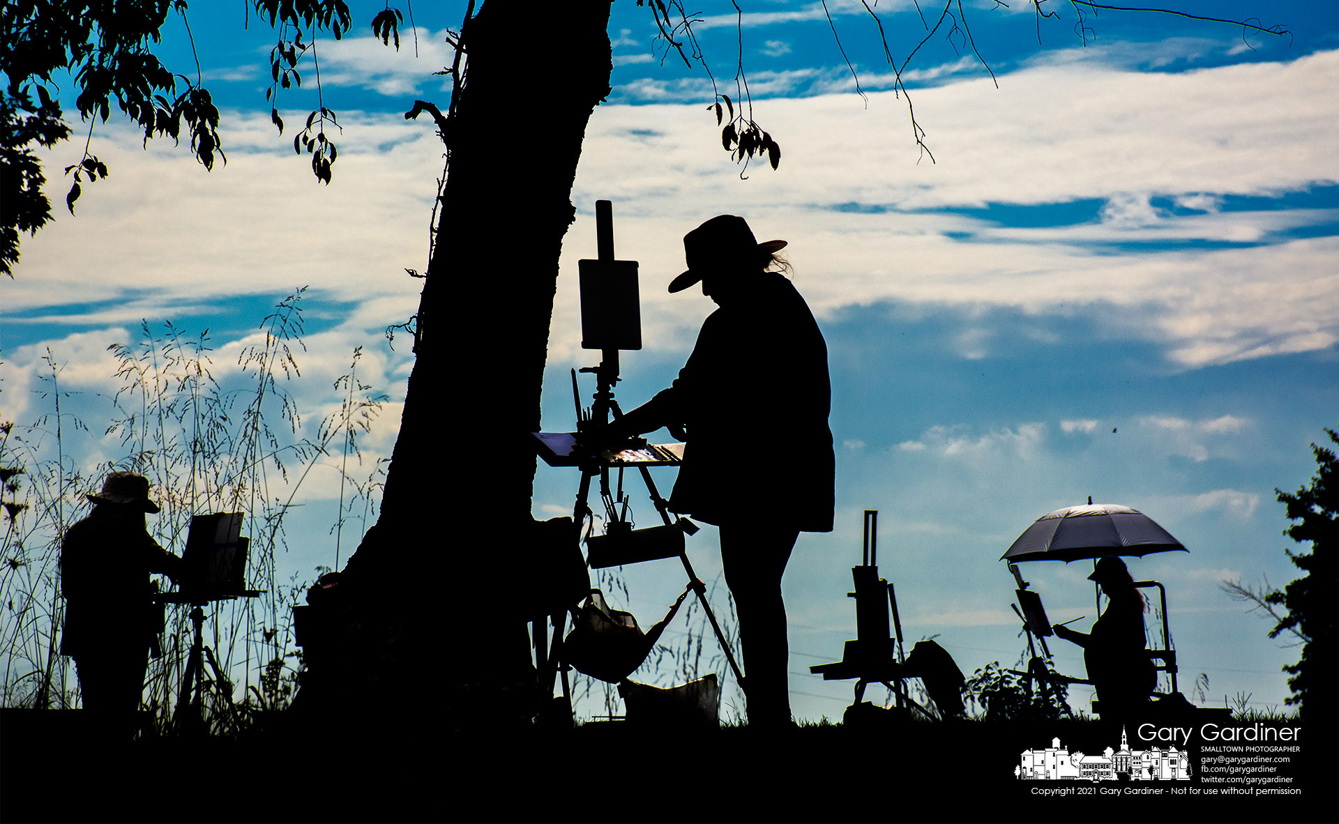 An array of Plein Air artists study their subjects and their results during a painting session at Red Bank Park on Hoover Reservoir. My Final Photo for Oct. 5, 2021.