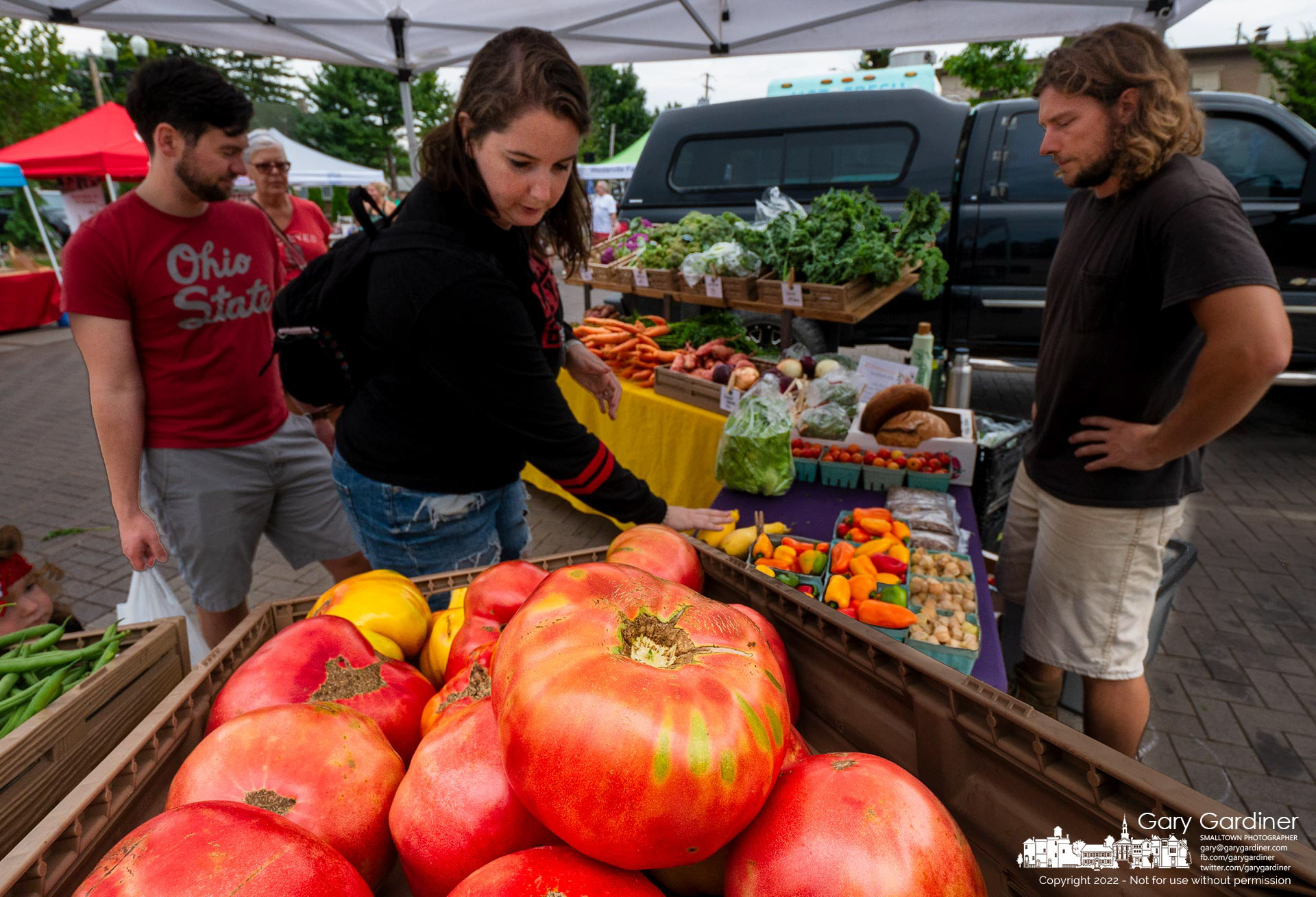 Shoppers at the Saturday Farmers Market in Uptown Westerville had their choice of fresh Ohio-grown fruits and vegetables including these large heirloom tomatoes from Drift Hills Farms. My Final Photo for Sept. 3, 2022.