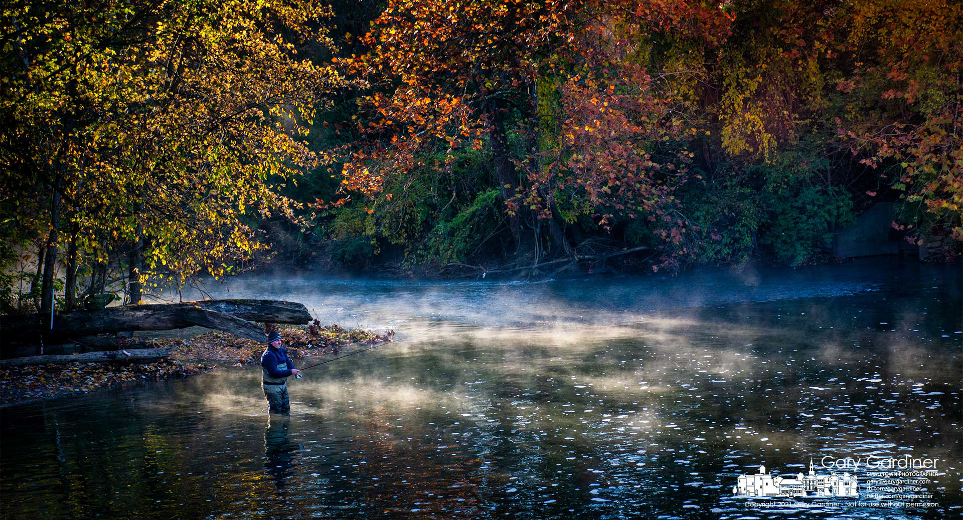 A fisherman casts in the morning mist covering the waters below the Alum Creek North low-head dam on a cool Autumn day. My Final Photo for Nov. 6, 2021.