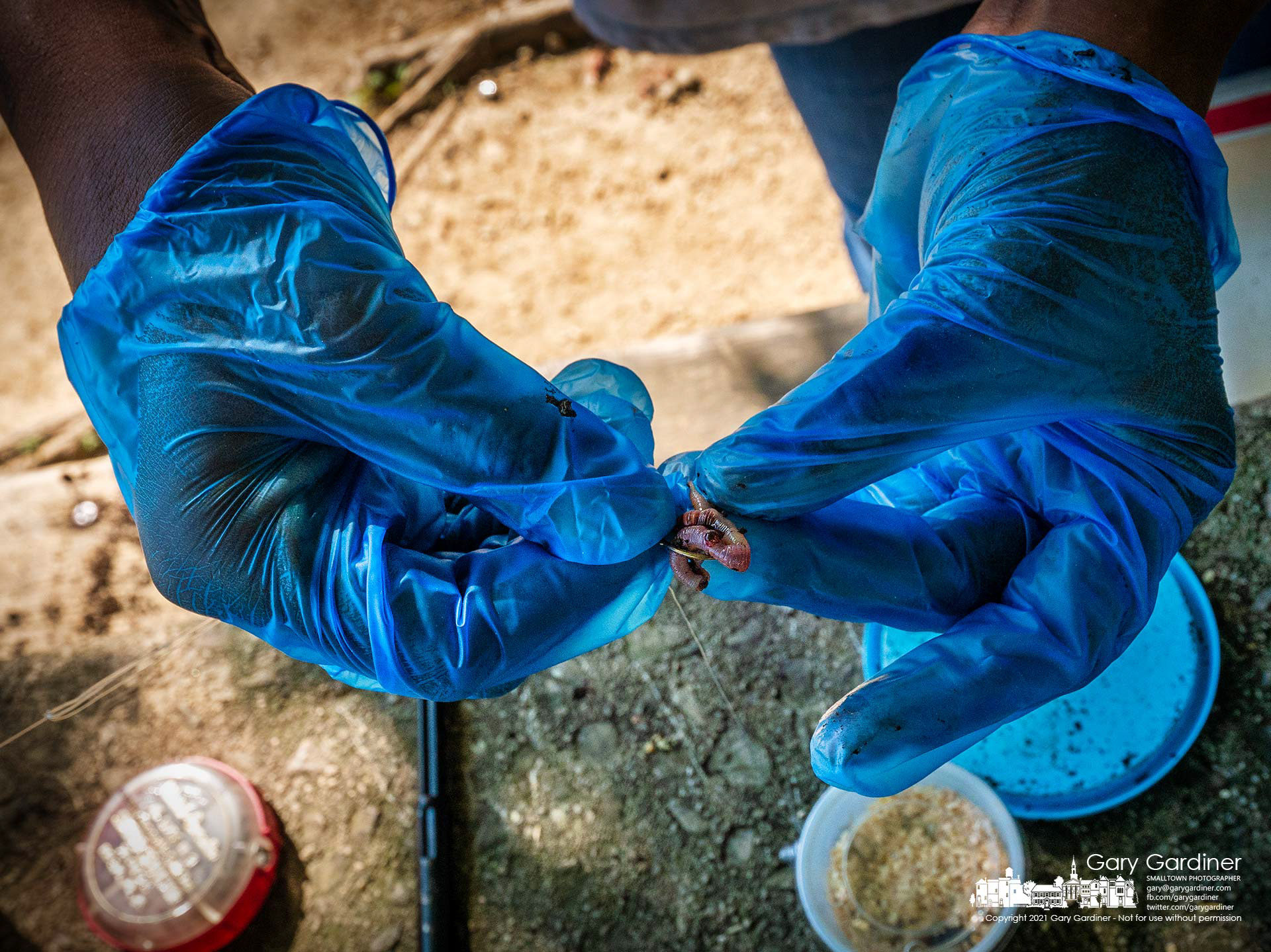 A woman wears plastic gloves to keep from touching the worms she's using for bait while fishing at Hoover Reservoir. My Final Photo for Sept. 27, 2021. 