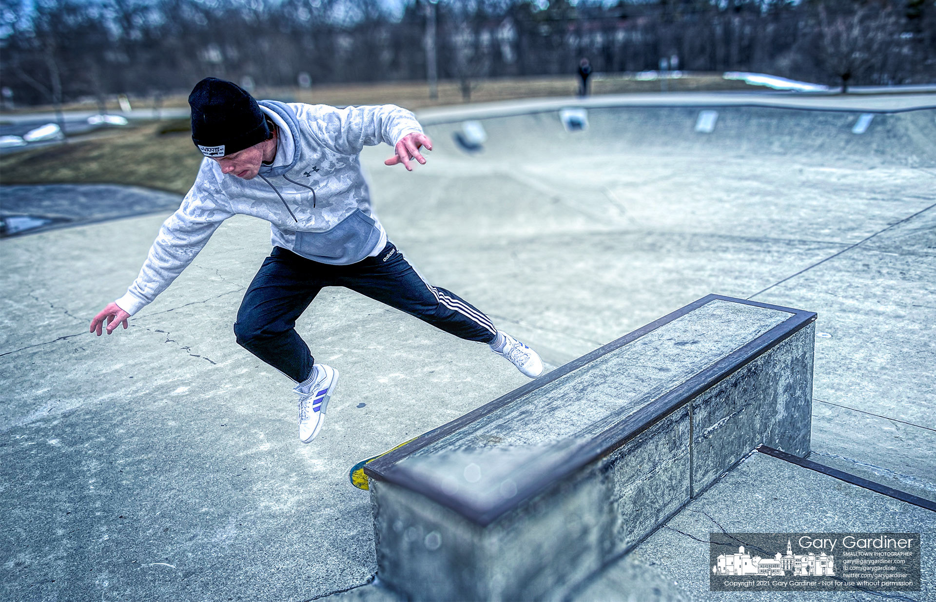 A skater steadies himself after failing on grinding one of the sections of the Westerville Skatepark on a cool late February afternoon. My Final Photo for Feb. 26, 2021.