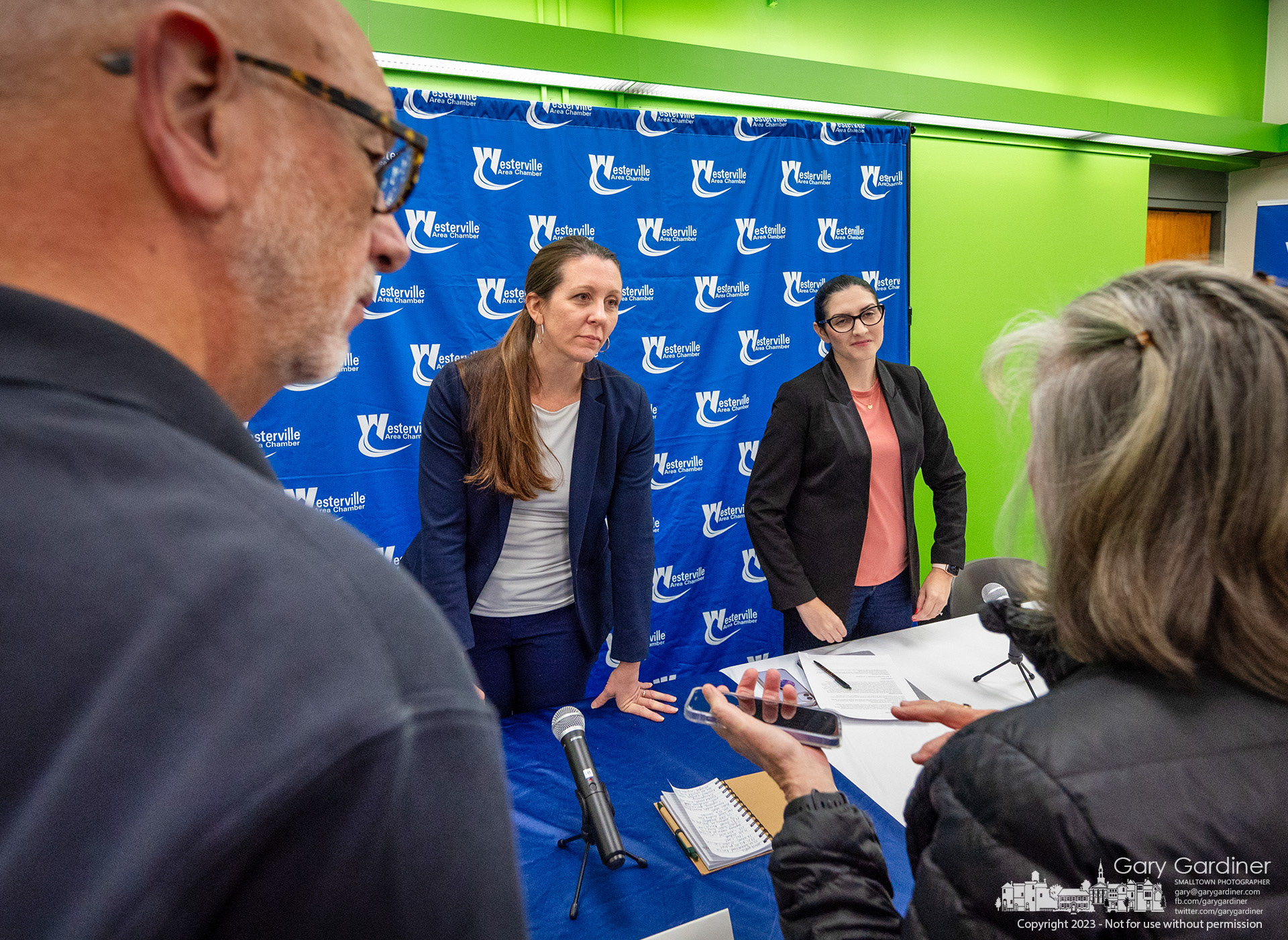 Westerville School Board candidates Jennifer Aultmann, left, and Louise Valentine talk with some of the people who attended the Westerville Chamber of Commerce candidate forum at the Westerville library.  #Weste