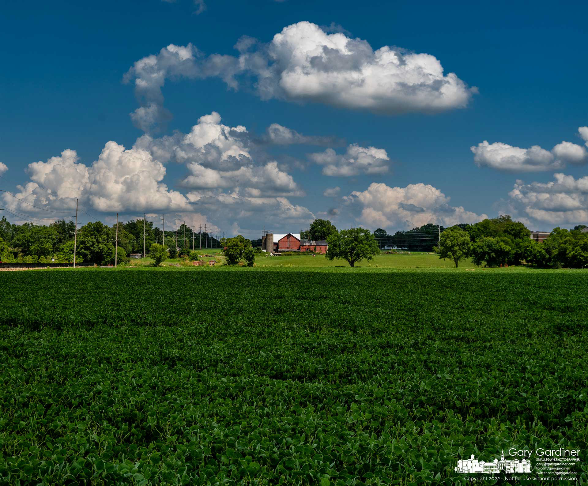 An afternoon cloud casts a darkening shadow over the lower soybean fields at the Yarnell Farm but has yet to reach the historic barn. My Final Photo for July 14, 2022.
