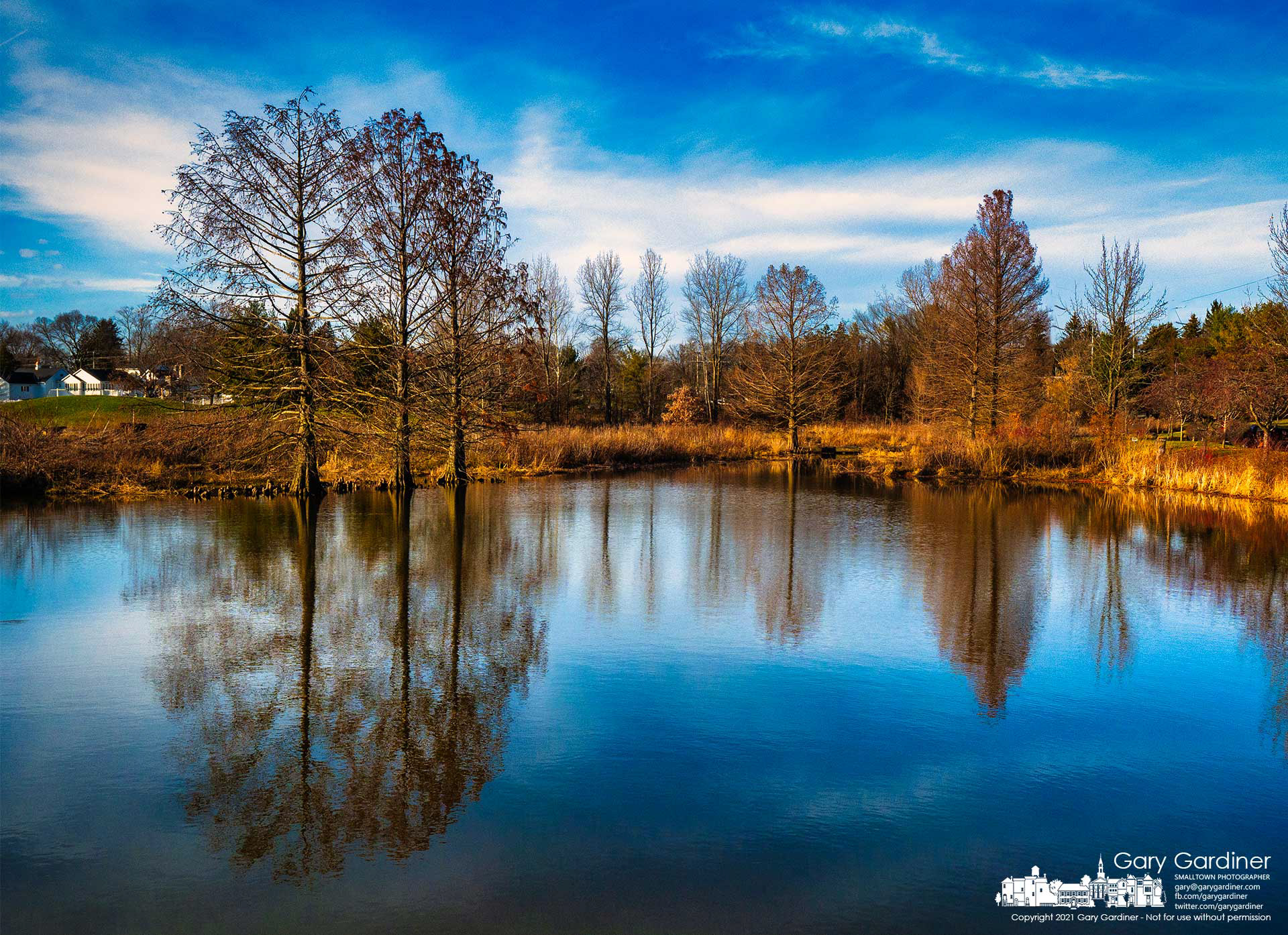 The high water of the Highlands wetlands flows slowly toward the Scioto River under a nearly clear and calm sky. My Final Photo for Dec. 14, 2021.