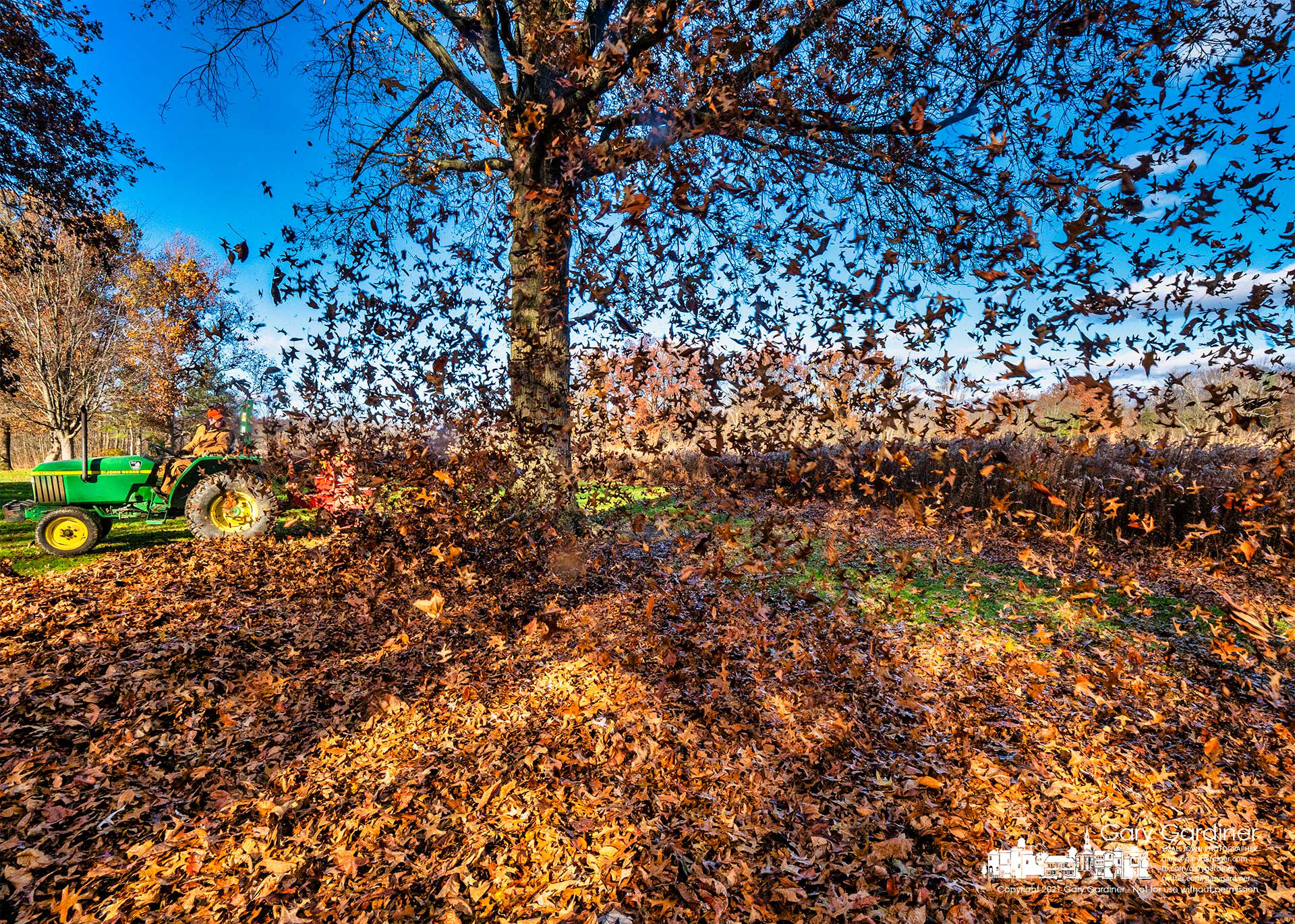 A Sharon Woods worker uses a tractor bearing a large blower to clear leaves collecting in the picnic area near Schrock Lake. My Final Photo for Nov. 22, 2021. 