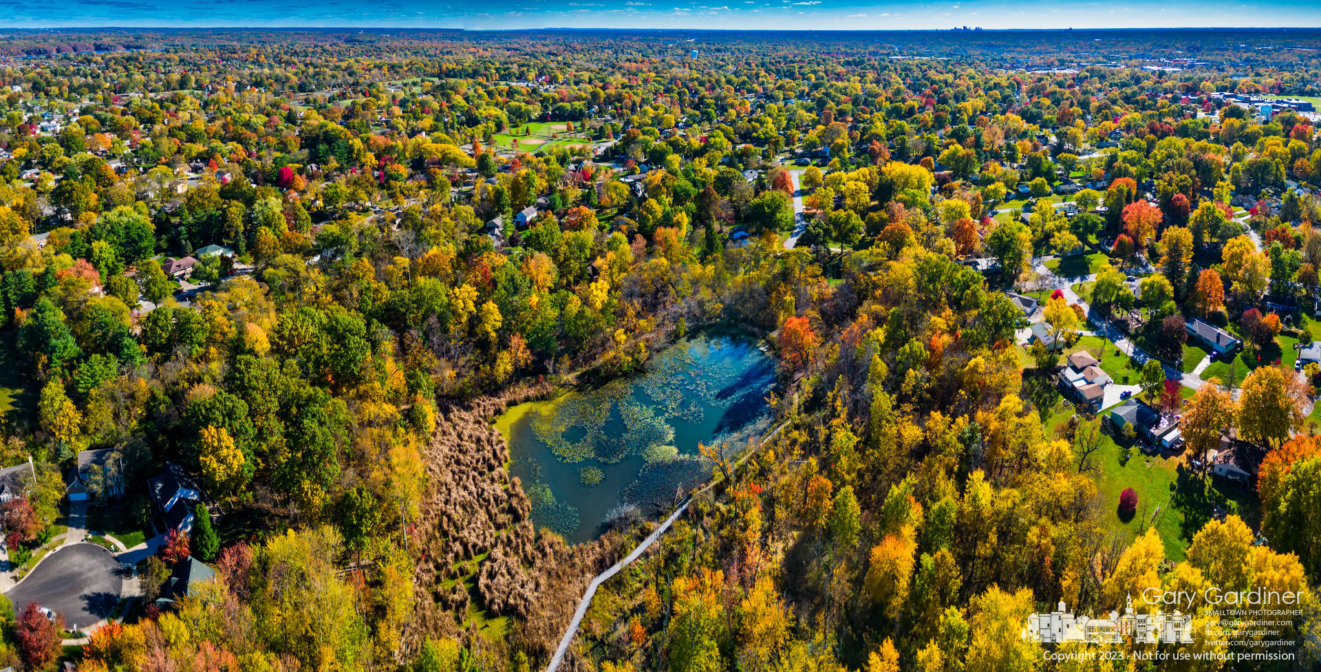 Boyer Nature Preserve, Walnut Park, and the soccer fields at Highlands can be seen in this drone photo with the skyline of Columbus at top. My Final Photo for October 22, 2023. 