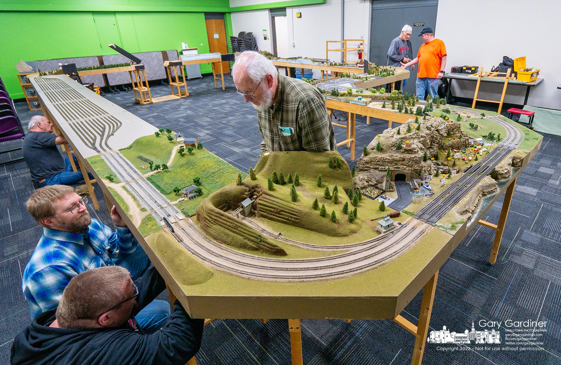Model railroaders assemble the Columbus Area N-Scalers annual holiday demonstration tracks in a meeting room at the Westerville Public Library. My Final Photo for December 3, 2022.