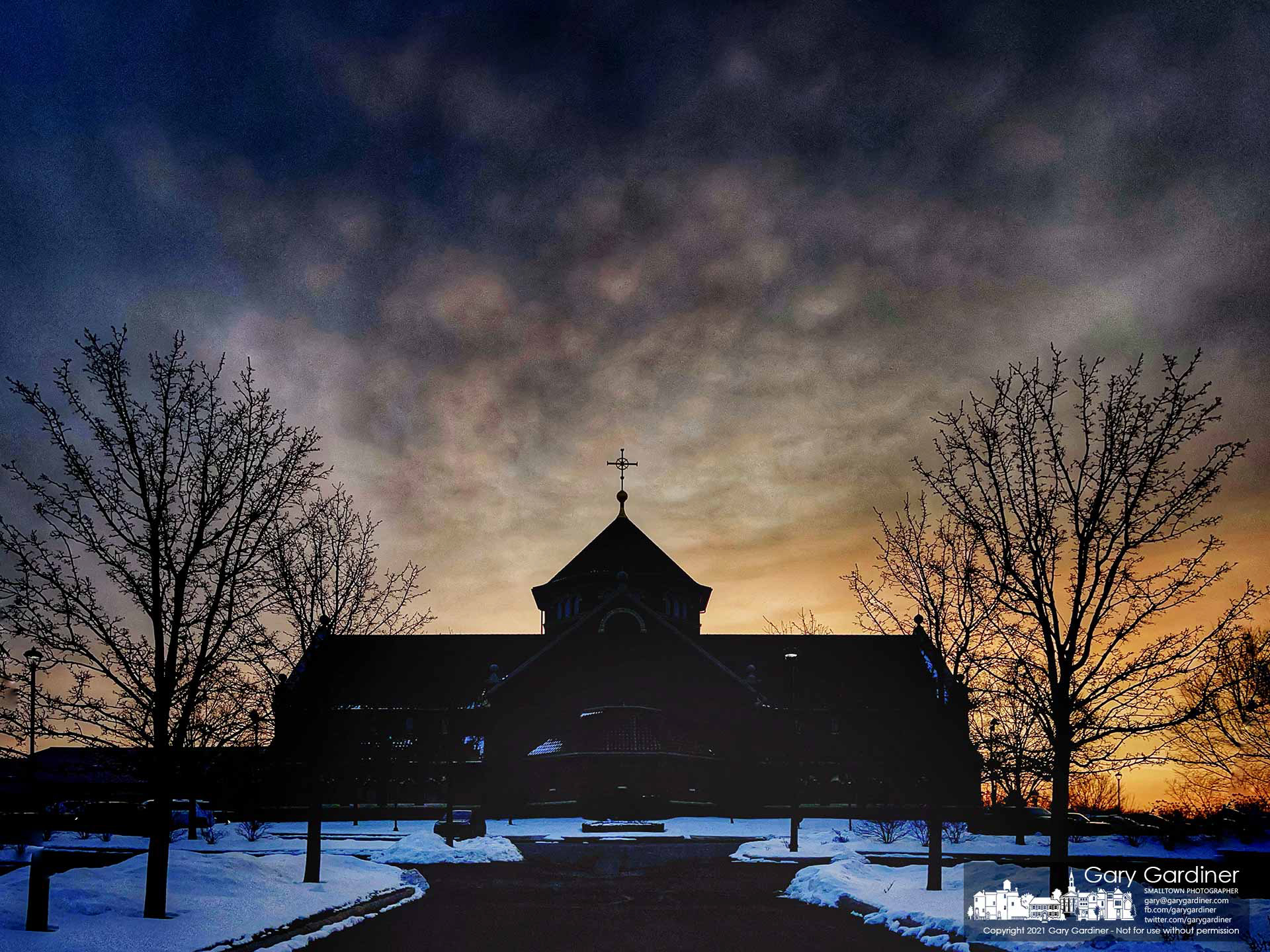 The sun rises on a cold morning at St. Paul the Apostle Catholic Church in Westerville. My Final Photo for Feb. 14, 2021.