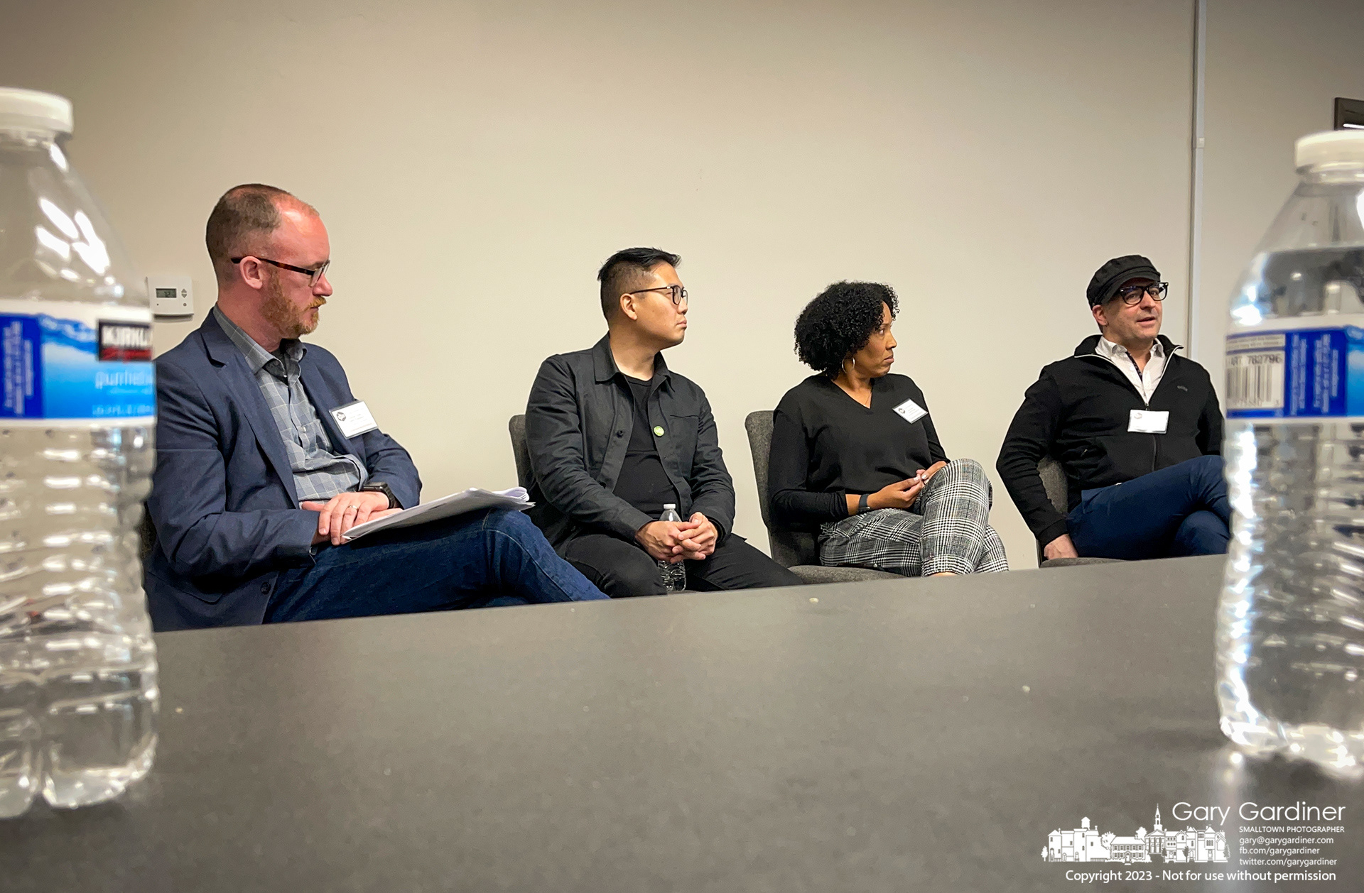 Ohio News Photographers Association President Andrew Dolph, left, listens as convention speakers, from left, Pulitzer Prize winner Marcus Yam of the Los Angeles Times, Cara Owsley of the Cincinnati Enquirer, and Cleveland portrait photographer Angelo Merendino answer questions during an afternoon panel discussion on topics ranging from photojournalist trauma and PTSD to what type of gear to use. My Final Photo for April 1, 2023. 