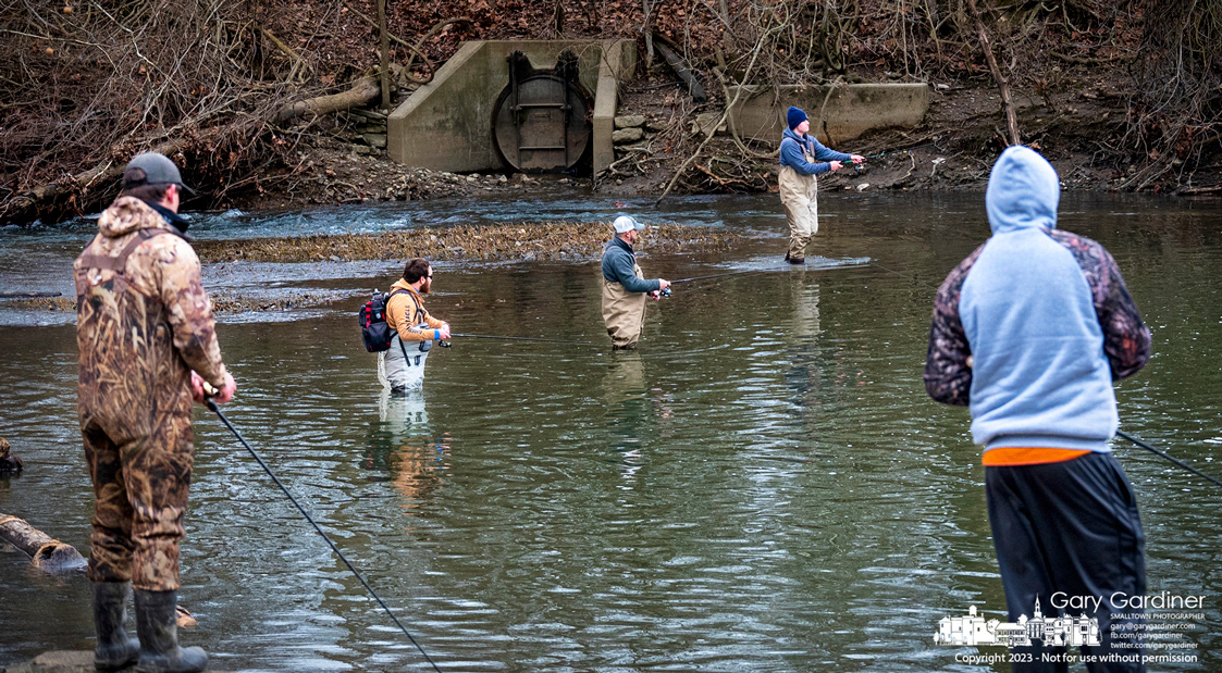 A quintet of fishermen tries both luck and skill as they fish for Muskie in flow below the Alum Creek Park low-head dam. My Final Photo for March 11, 2023. 