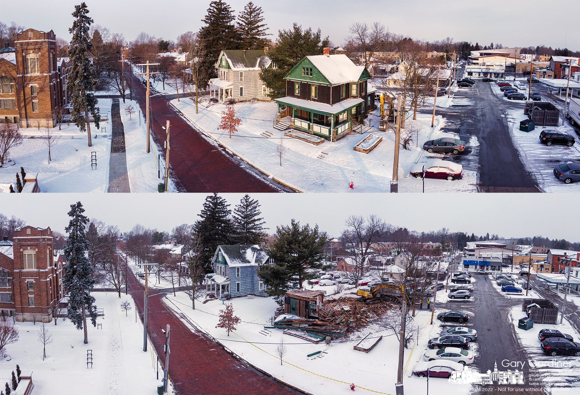 A small portion of the first floor is all that remains above ground after a demolition crew began removing the old Book Harbor bookstore on West College to make way for a three-story structure with businesses on the first floor and apartments above. My Final Photo for Jan. 24, 2022.