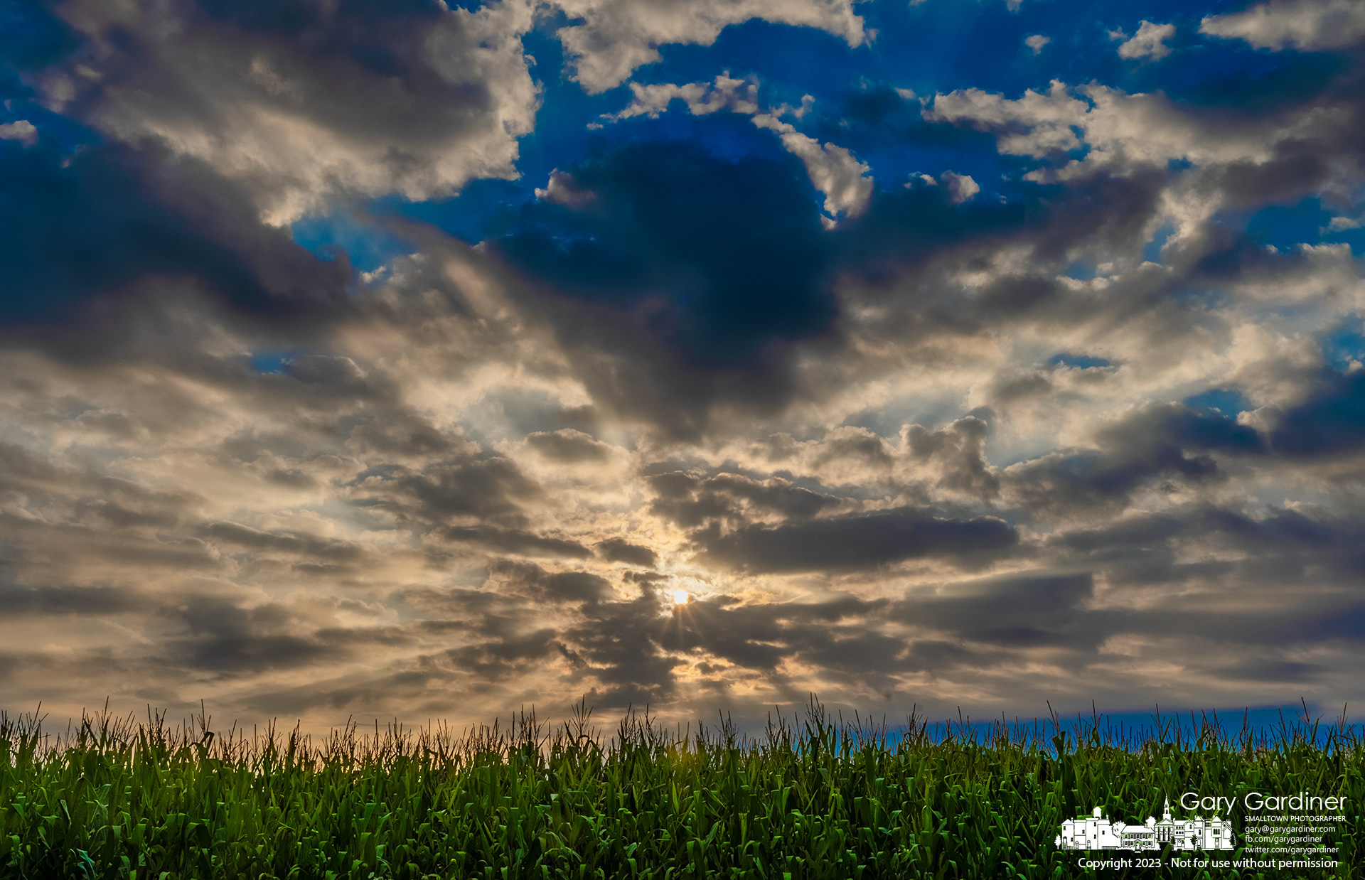 Tasseled corn grabs the rays of sun shining through clouds spreading shadows across fields and yards on a hot summer afternoon. My Final Photo for August 20, 2023. 