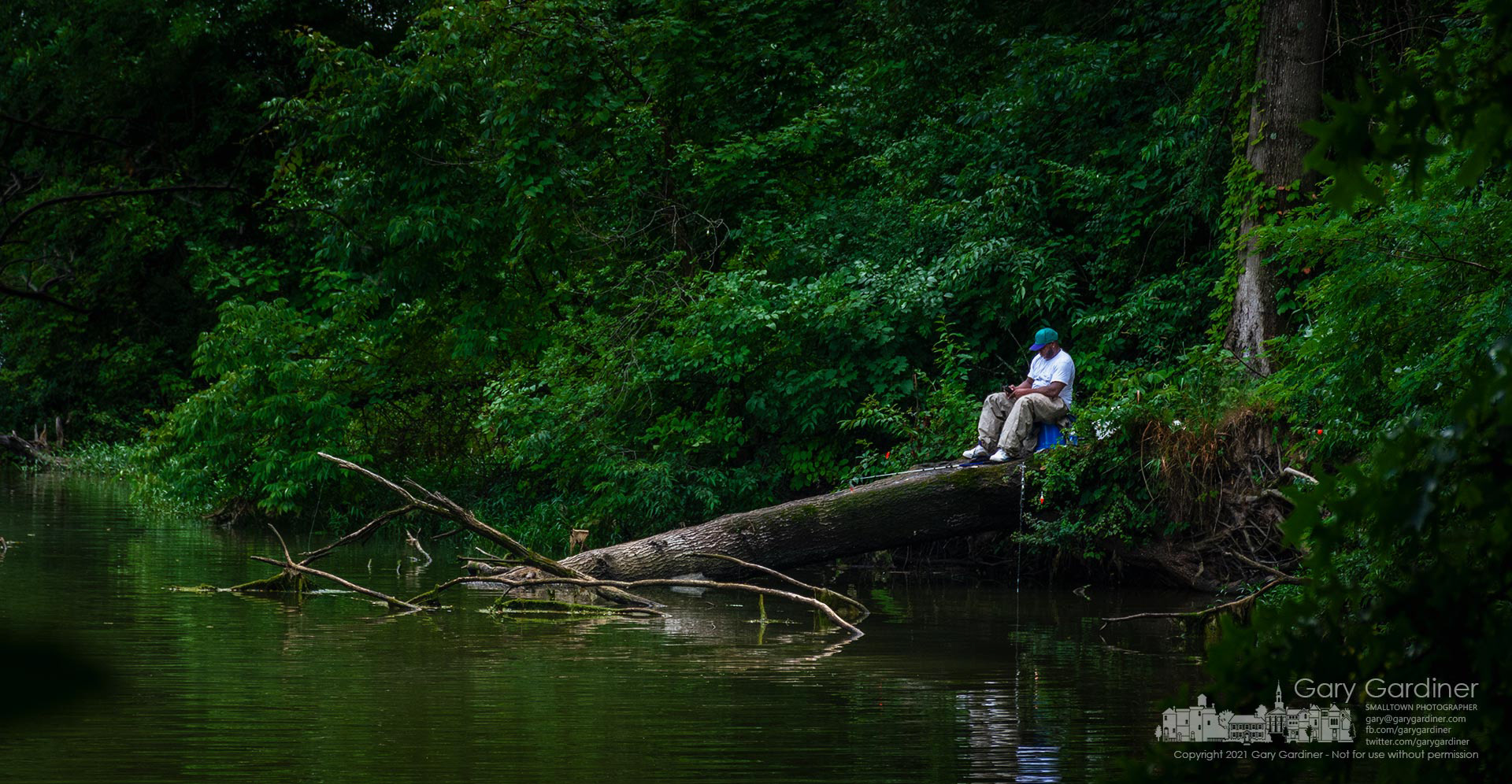 A fisherman resets his bait from his perch on a fallen tree along the shoreline of rain-swollen Hoover Reservoir. My Final Photo for June 30, 2021. 