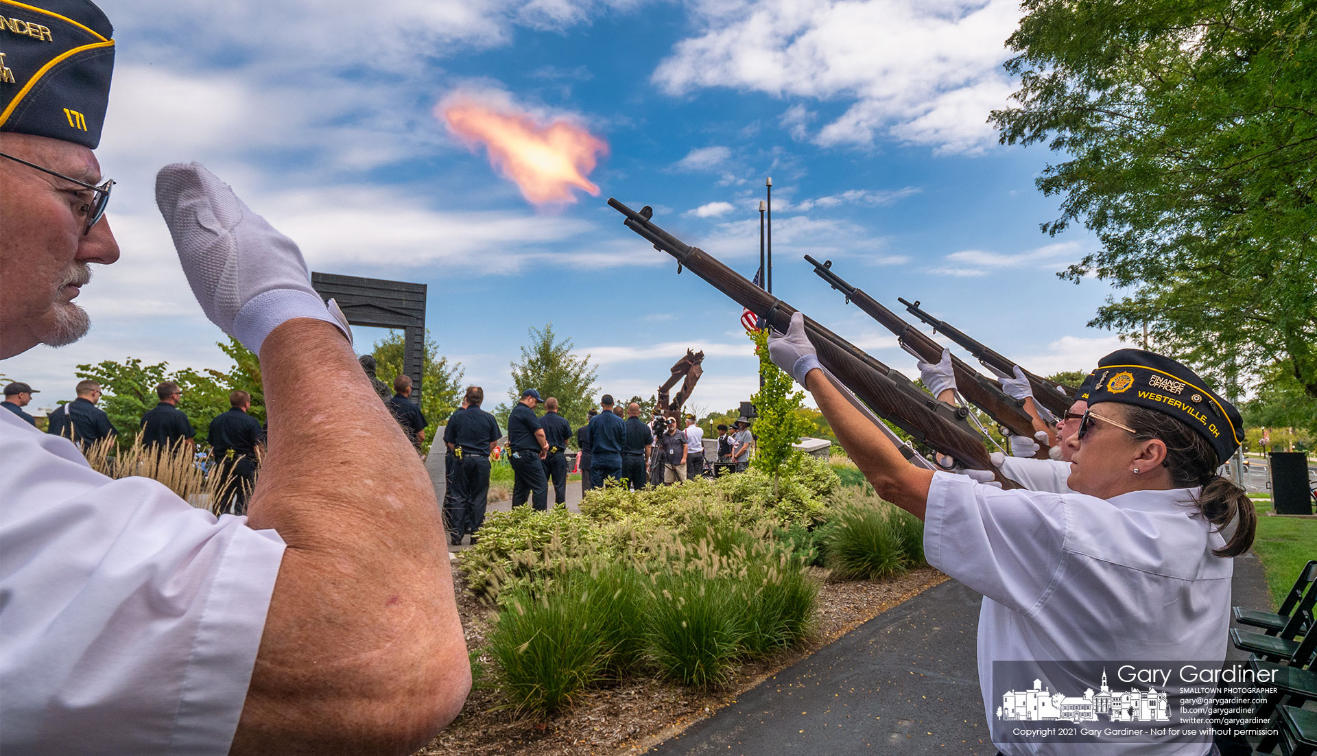 The American Legion Honor Guard fires a 21-gun salute at the end of noon ceremonies at First Responder's Park marking the 20th anniversary of the terrorist attacks in New York, Washing, and Pennsylvania. My Final Photo for Sept. 11. 2021.