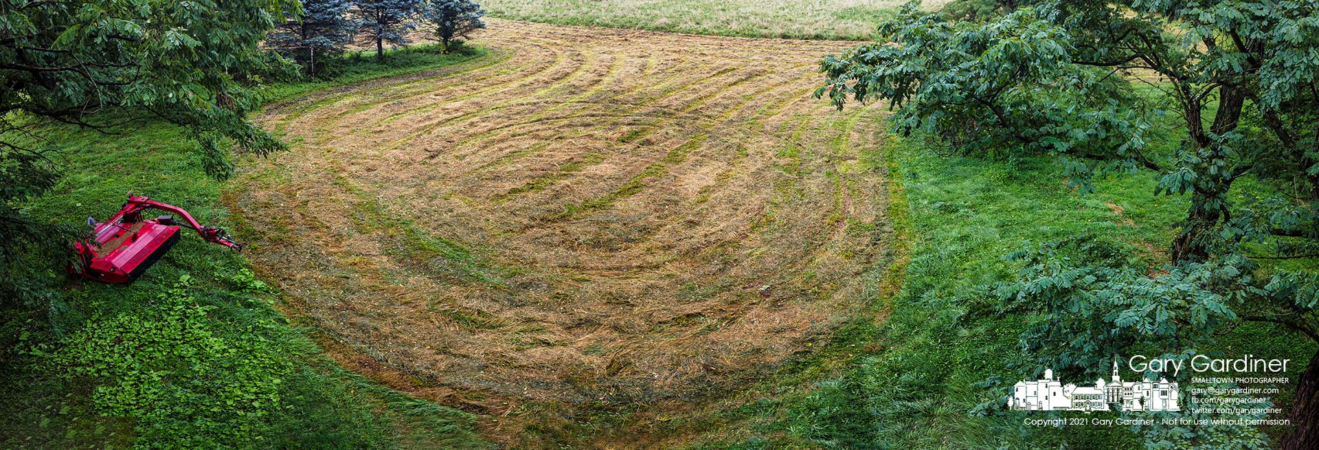 A small section of the hayfield behind the Sharp Farm on Africa Road lies soaked by an afternoon rain forcing a delay in raking and bailing the field. My Final Photo for Aug. 25, 2021. 