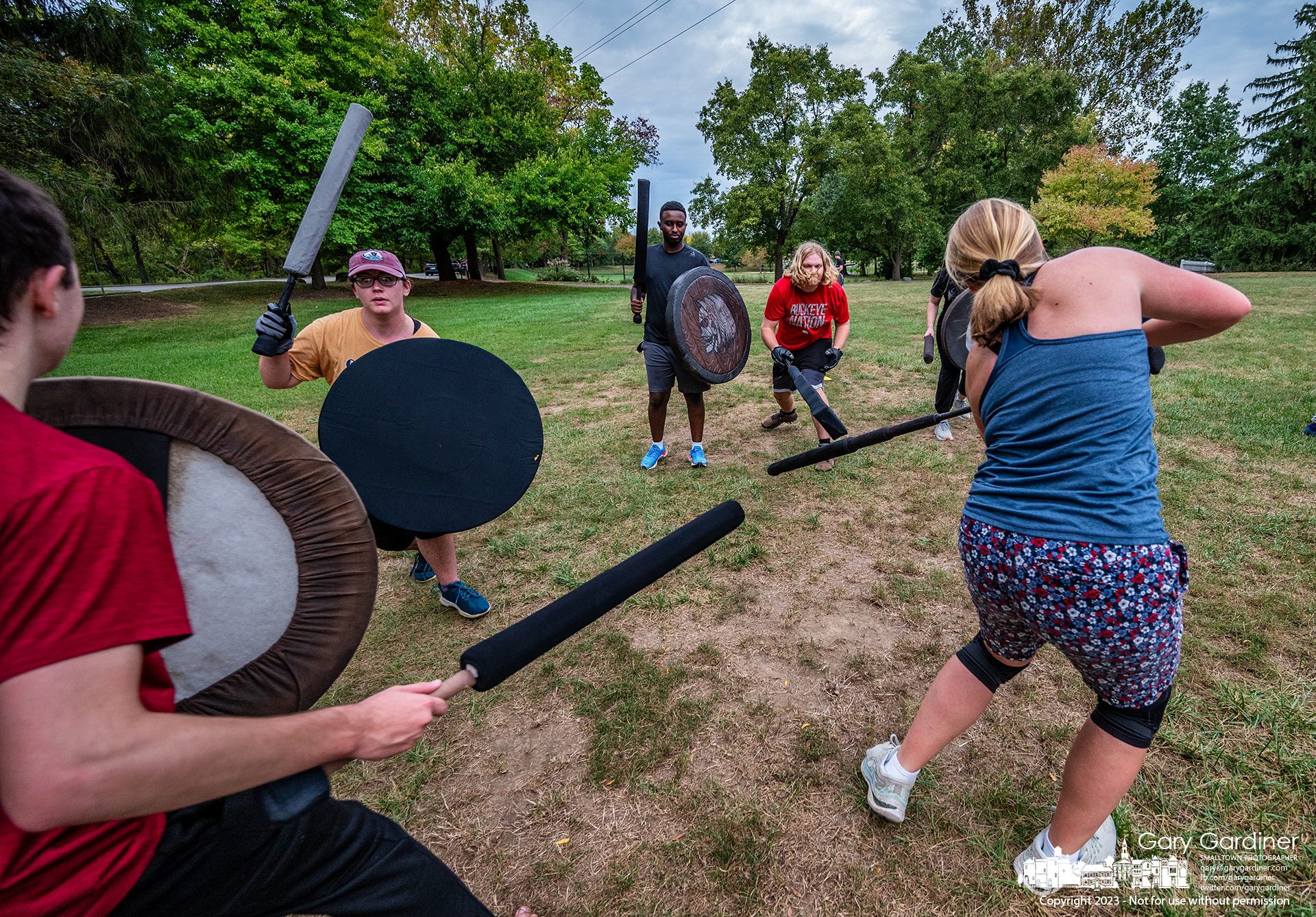 Medieval warriors strike with foam swords, lances, and projectiles during a series of battles Wednesday afternoon on the playing field at Alum Creek Park North. My Final Photo for September 27, 2023. https://bit.ly/45hJQH6