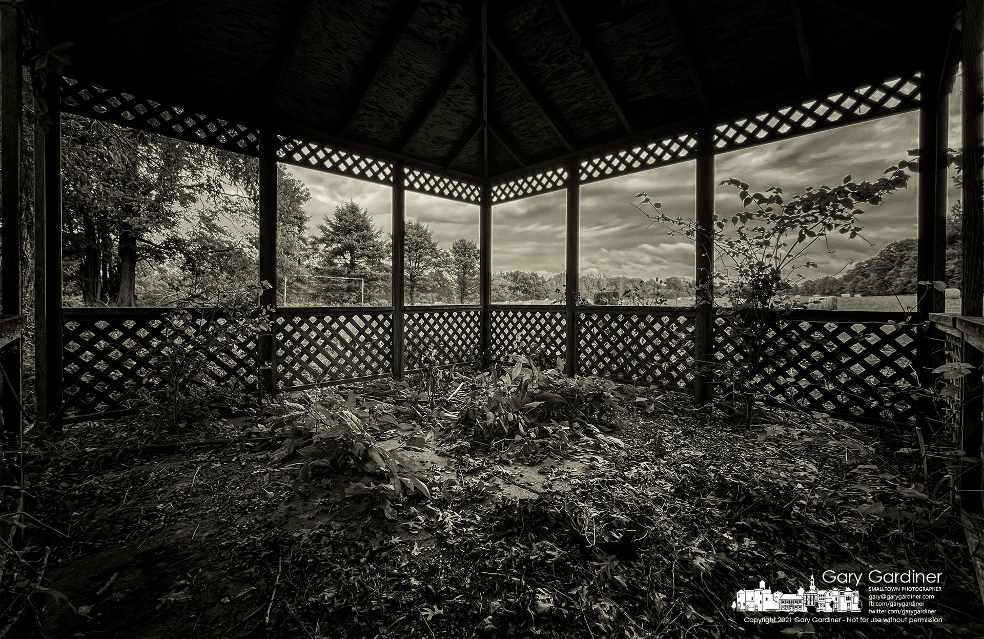 Weeds, leaves, and farm debris litter the floor of the abandoned gazebo on the Sharp Farm property as developers plan for homes, apartments, and businesses on the land around the historic house that once was a station on the Underground Railroad. My Final Photo for Oct. 7, 2021.