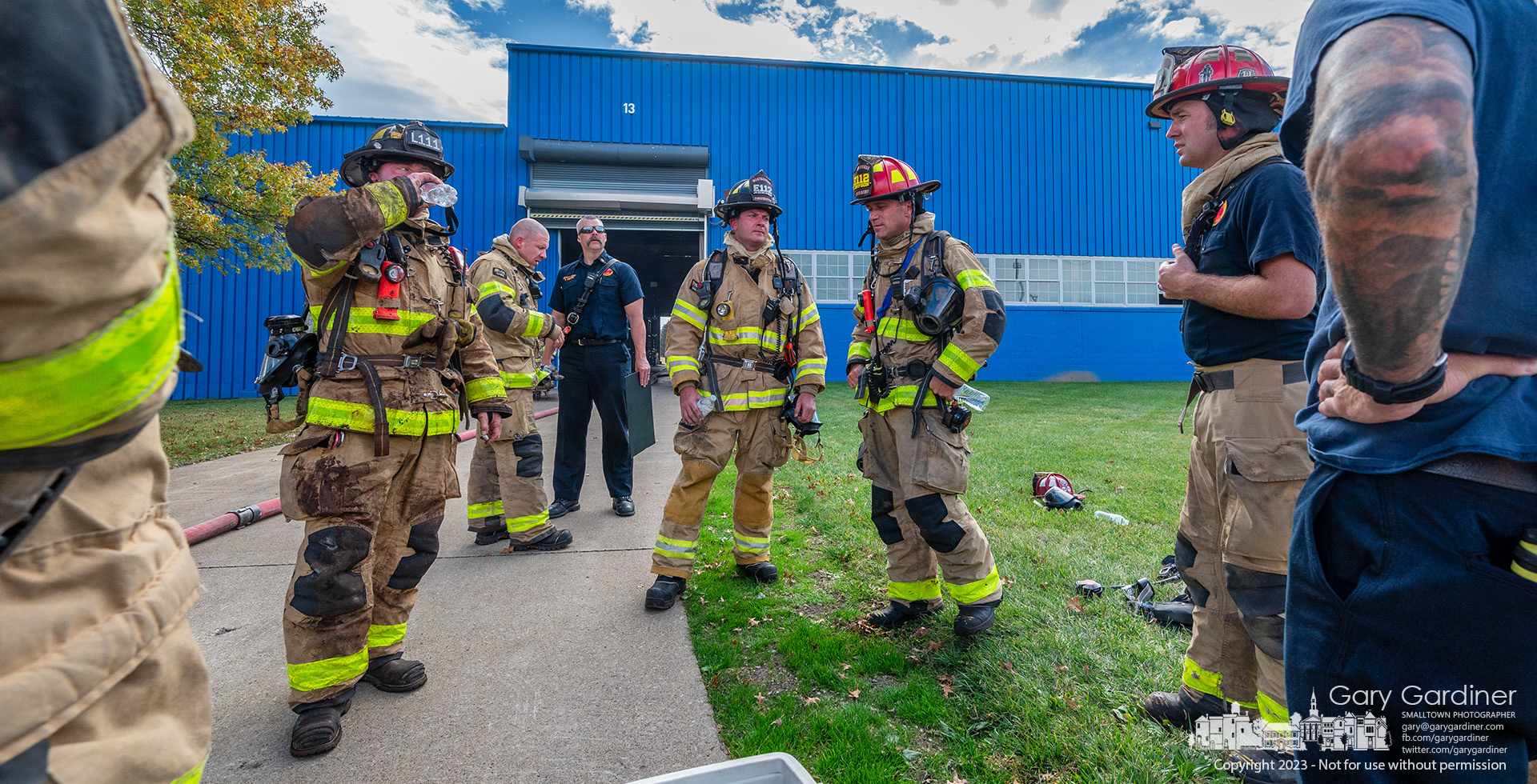 Westerville firefighters hold an unofficial after-action report meeting after putting out a fire at Worthington Industries on Maxtown Road. My Final Photo for October 25, 2023. https://bit.ly/3tW1RNO