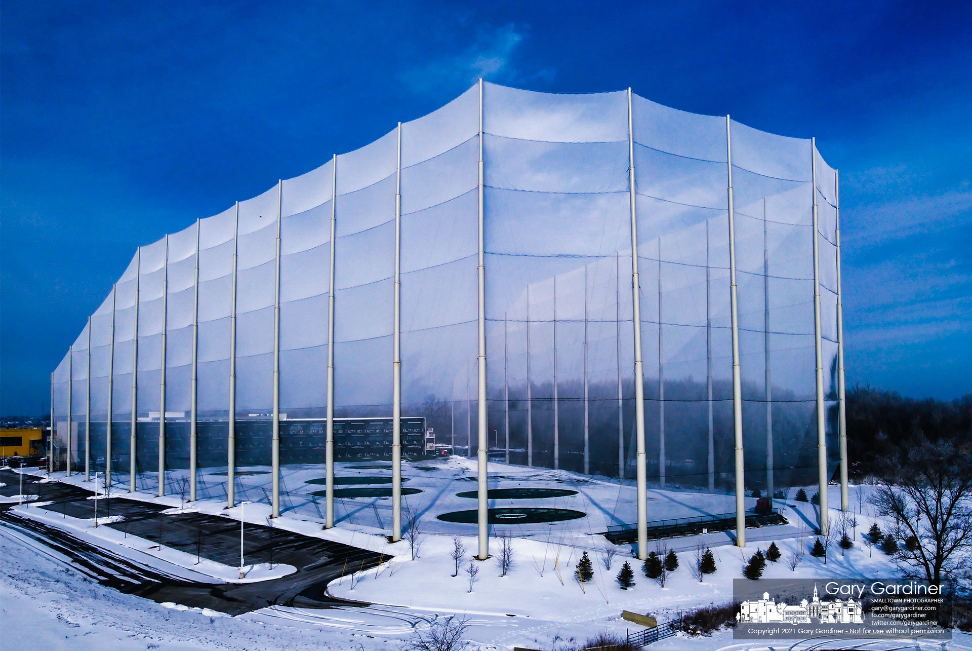 A heavy frost covers the screen surrounding Top Golf on Gemini Parkway in Columbus, Ohio. My Final Photo for Feb. 4, 2021.