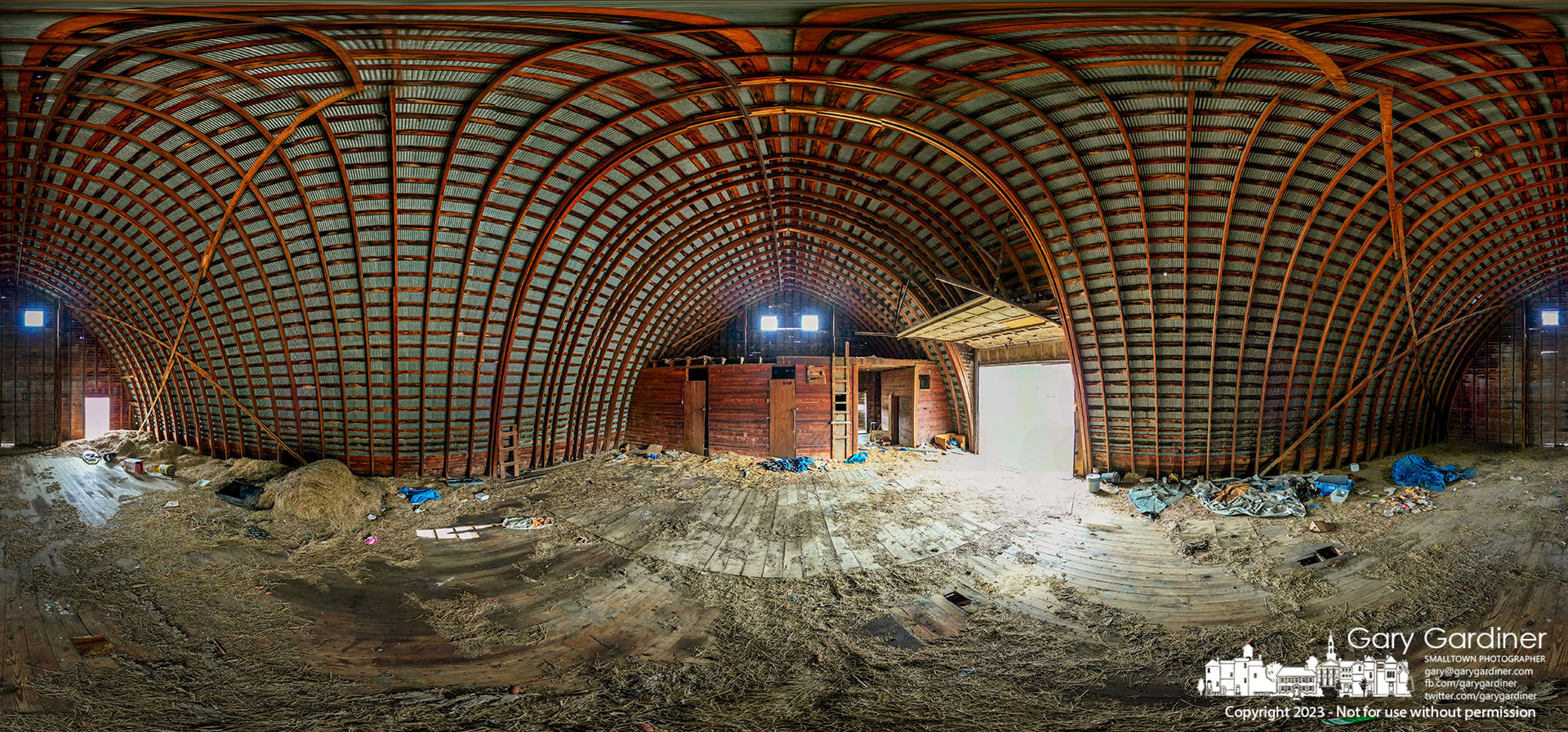 The interior of the barn at the Braun Farm is shown in this 360-degree stitched panorama photo. My Final Photo for January 16, 2023. 