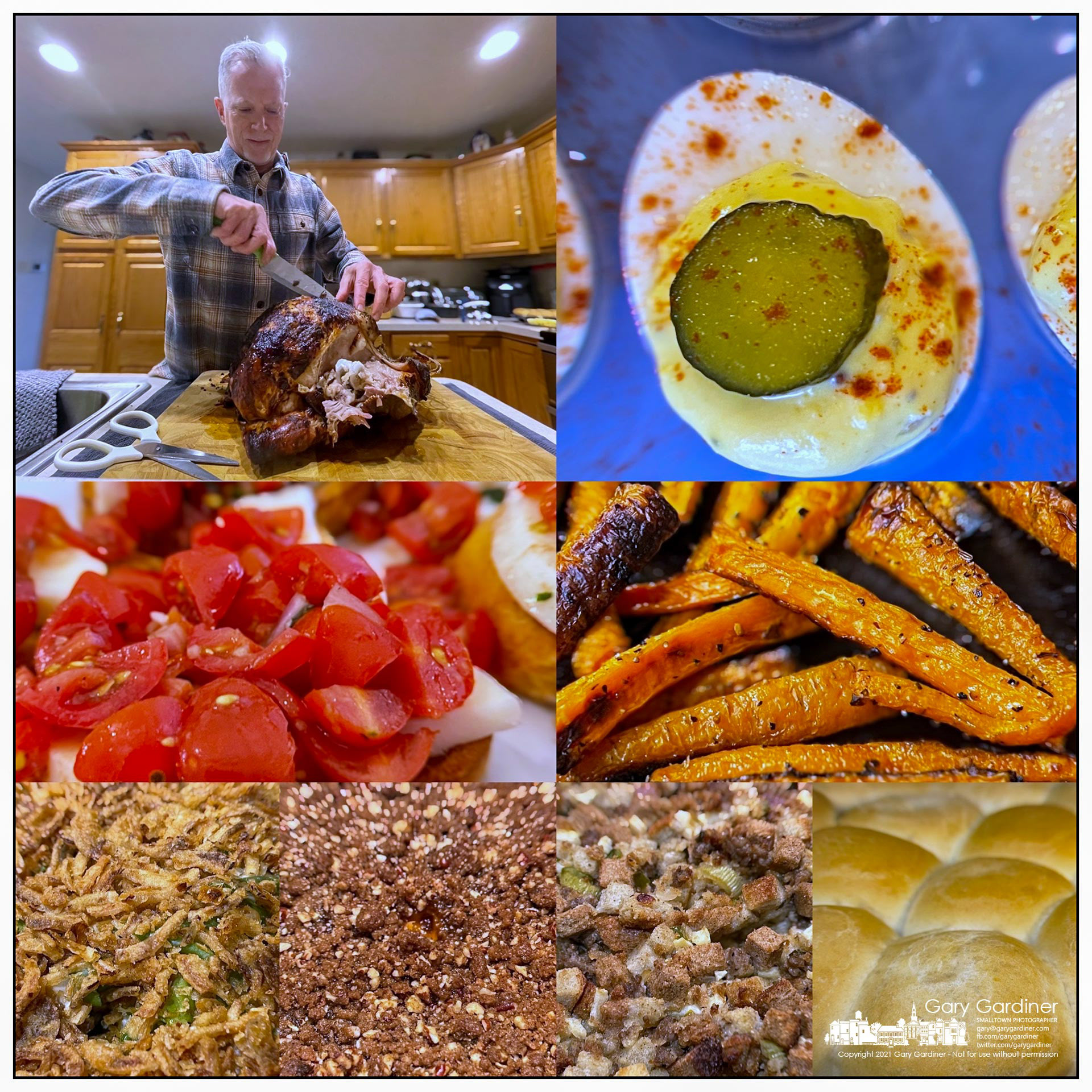 The turkey, slow-cooked over a covered grill, is cut by the cook as some of the other menu items are spread across the dining room table for Thanksgiving. My Final Photo for Nov. 25, 2021. 