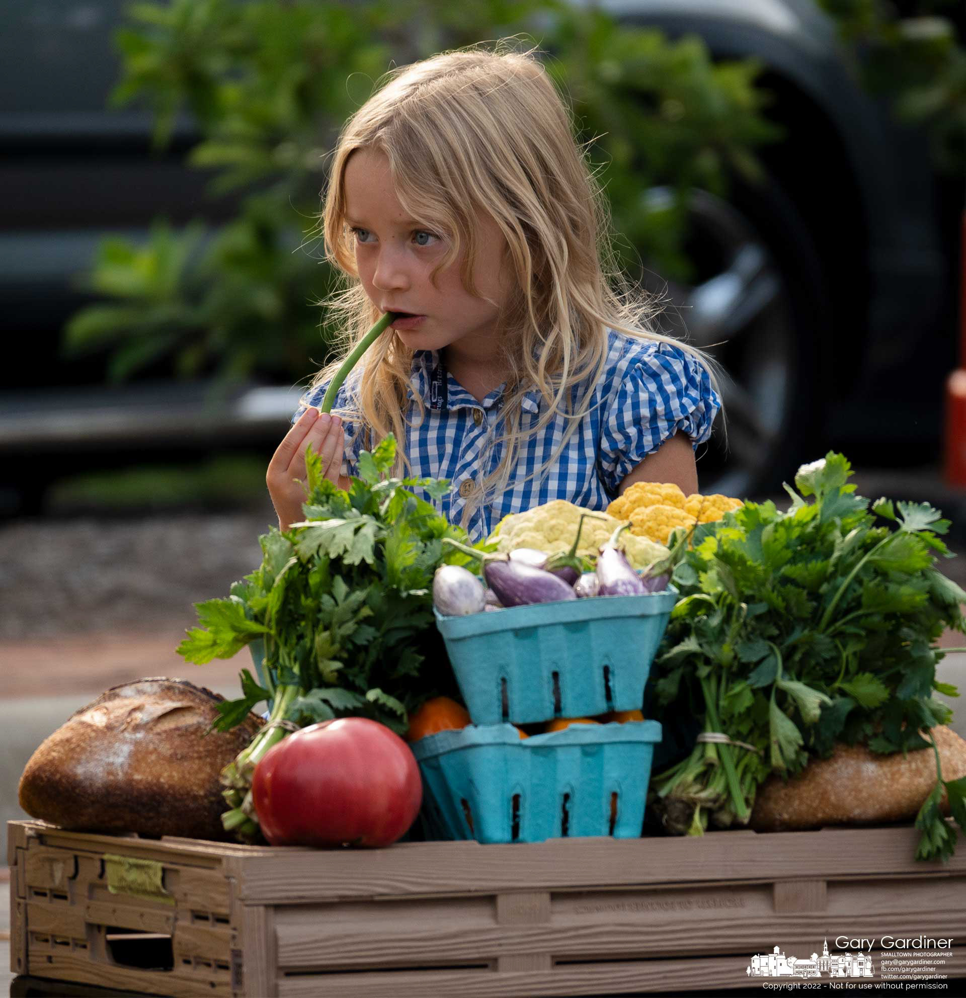 A young girl eats a green bean during a brief lull in customers at her small version of her father's larger selection of vegetables under his tent at the Saturday Farmers Market behind city hall. My Final Photo for August 20, 2022