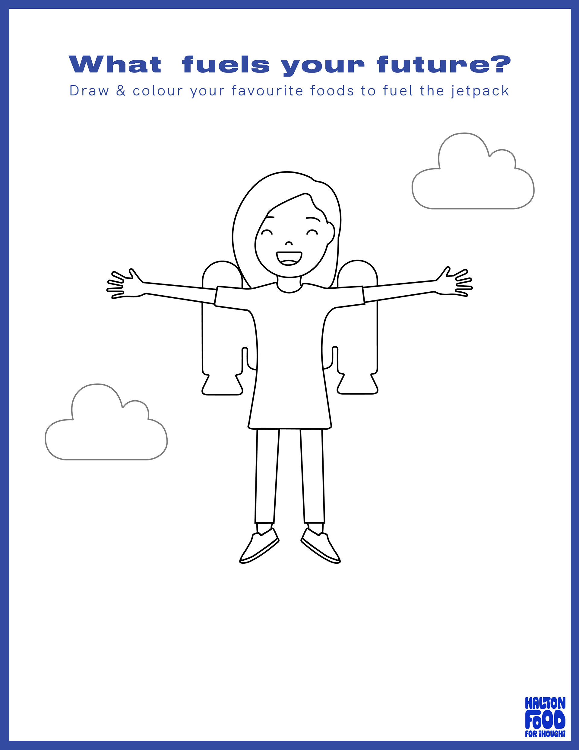 Colouring page encouraging children to draw the food that fuels them