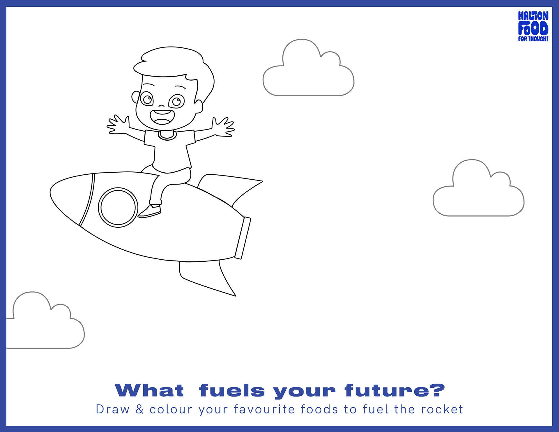 Colouring page encouraging children to draw the food that fuels them