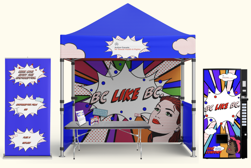 Experiential mockup featuring a standing banner, pop-up tent, flyer, condom boxes, and a free condom vending machine