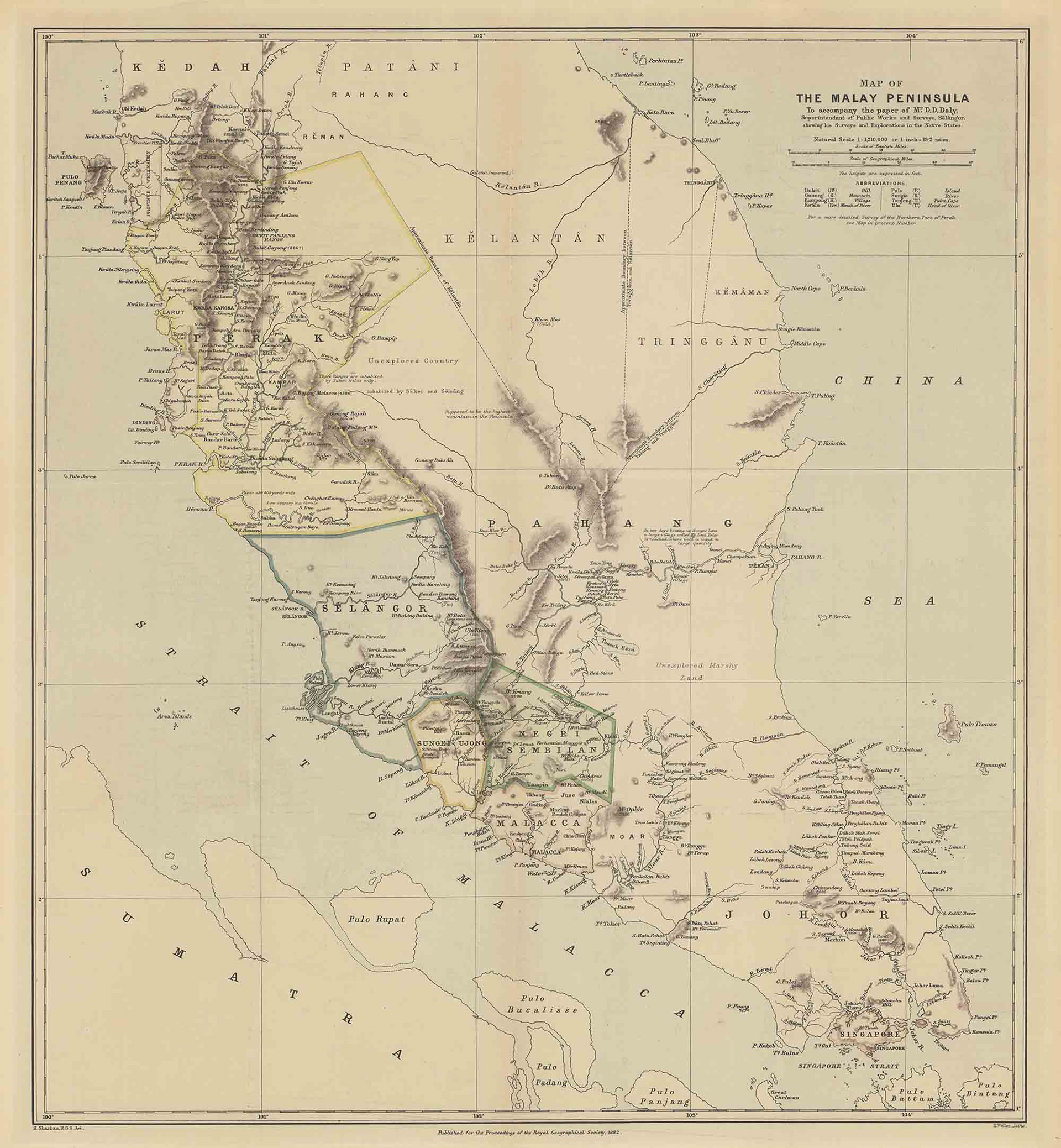 1882年的马来亚半岛地图。该地图由雪兰莪州公共工程和调查主管D.D. Daly先生调查得出,发表于《皇家地理学会杂志》。新加坡(当时名为星洲)是一个海岛,是英国的殖民地,而居民大多是华人。早在明代前期,中国东南沿海人民特别是福建人民就已经开始移徙此地。 1882 Map of The Malay Peninsular, drawn by Selangor public engineer, supervised by D.D. Daly and published in the Proceedings of the Royal Geographical Society. Singapore (an island, was named Sinchew) was a colony of England that was inhabited by mostly Chinese. Early in the Ming dynasty, more and more people living close to the sea started migrating to Northeast Asia to find a living, especially people close to the south sea.