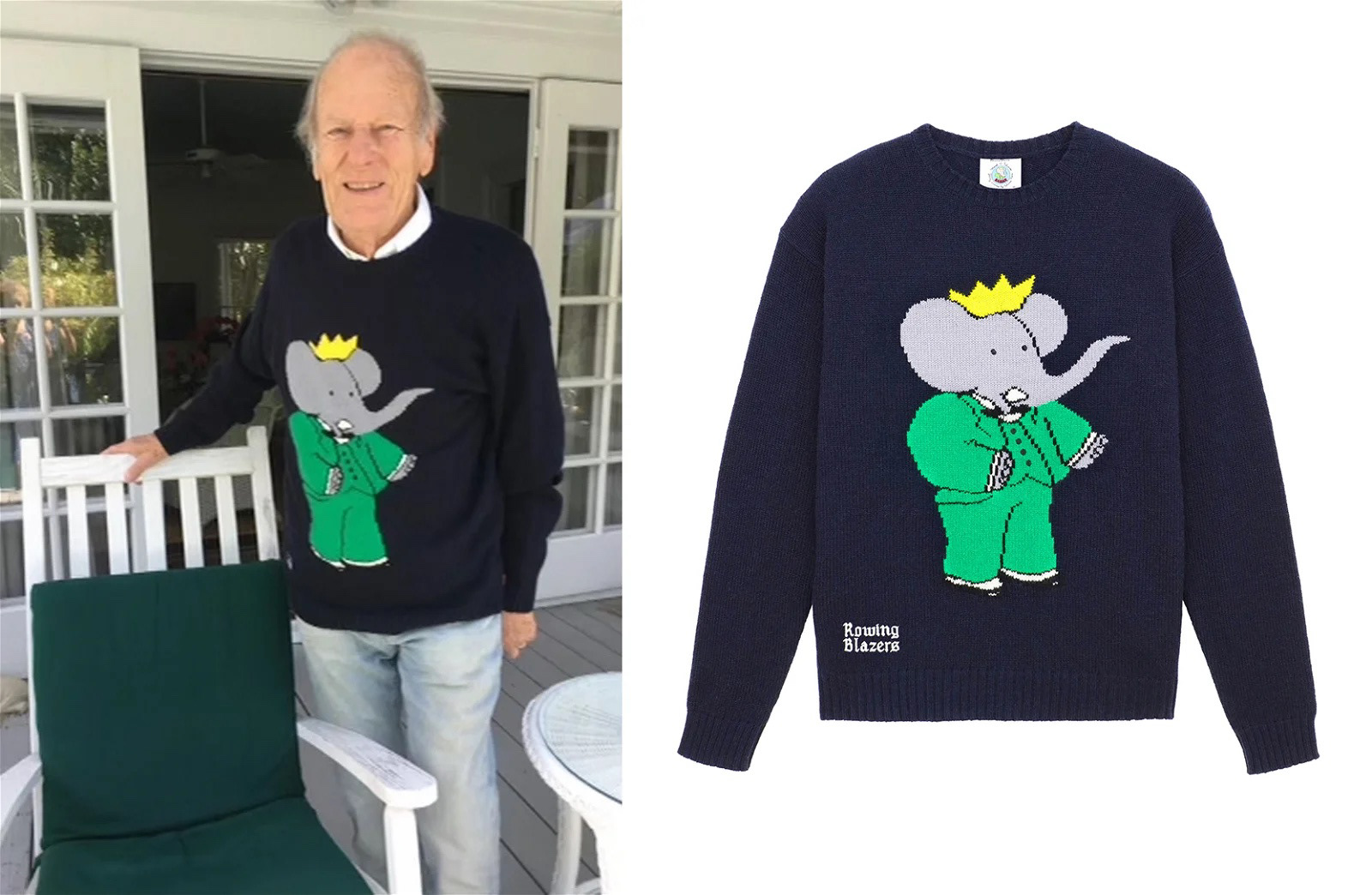 Laurent de Brunhoff, the legendary AUTHOR of Babar — and son of Babar’s creators Jean and Cécile de Brunhoff — wearing the Rowing Blazers x Babar cashmere sweater