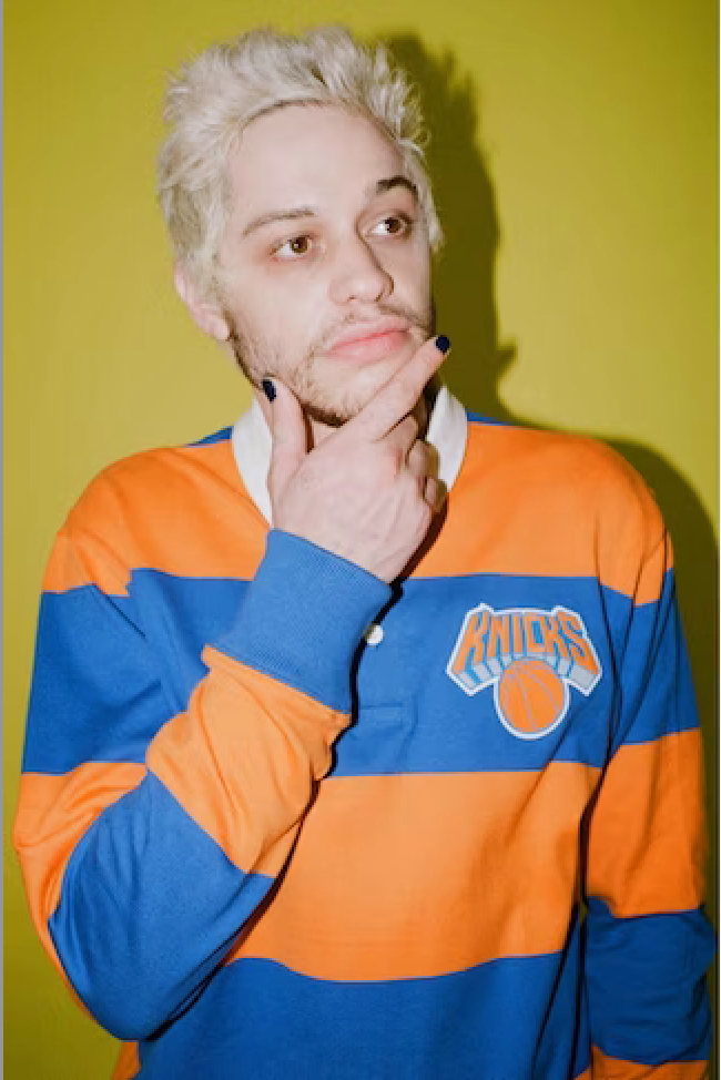 Pete Davidson wearing the Rowing Blazers x NBA rugby in the Rowing Blazers Fall/Winter 2021 campaign 
