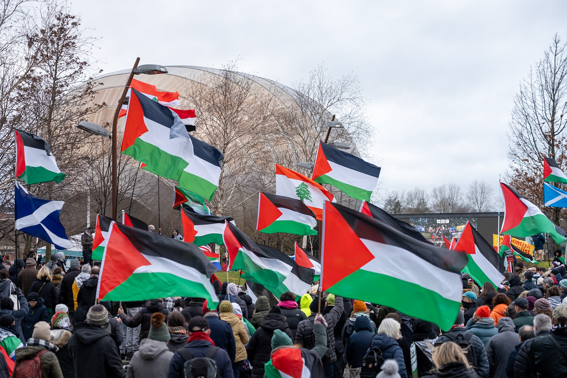 Glasgow, Scotland, UK. 20th January, 2024. Pro Palestine rally and protest outside BBC Scotland Headquarters in Glasgow involving a re-enactment of the killing of children and journalists in Gaza. Credit: R.Gass/Alamy Live News