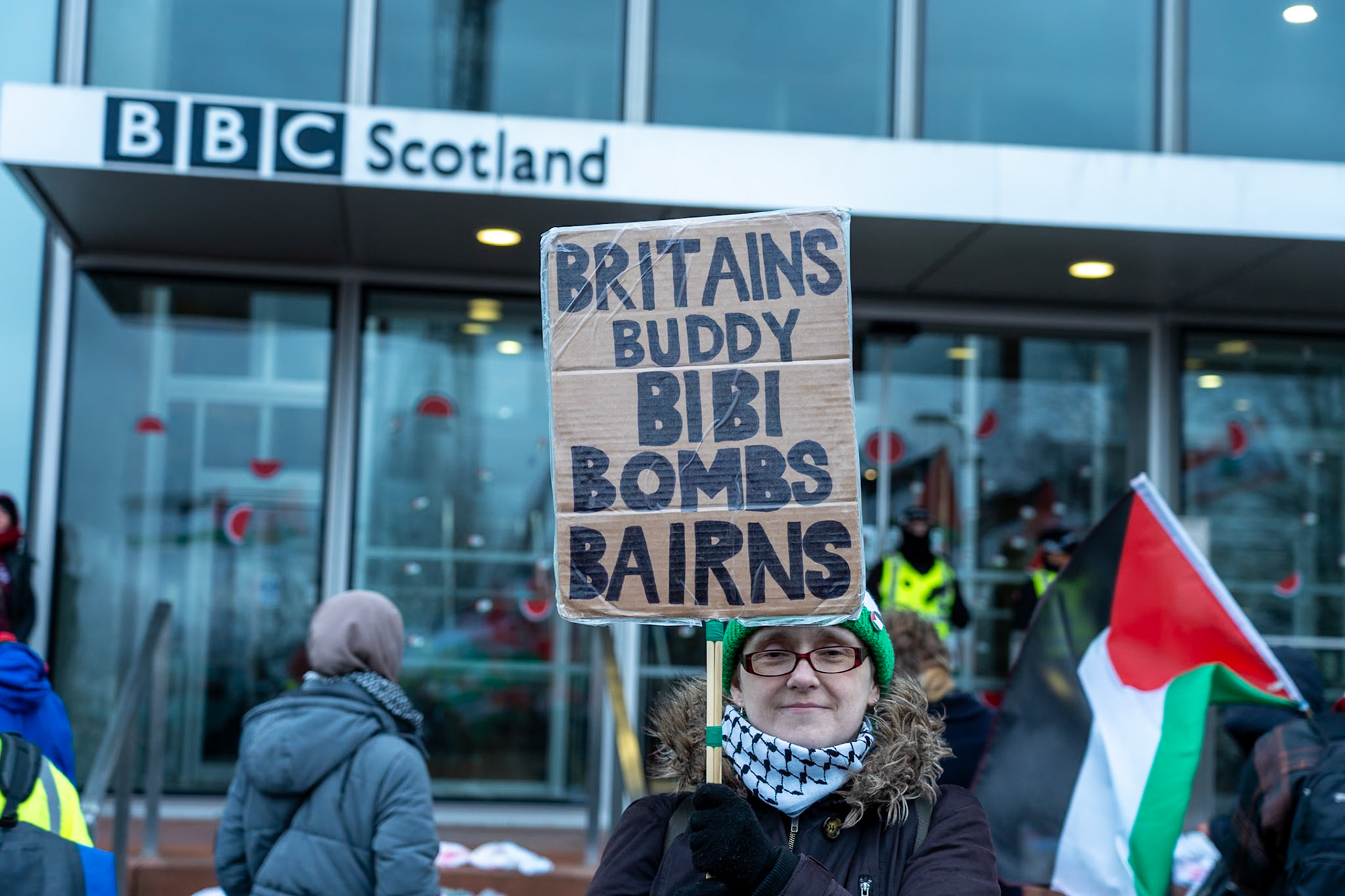 Glasgow, Scotland, UK. 20th January, 2024. Pro Palestine rally and protest outside BBC Scotland Headquarters in Glasgow involving a re-enactment of the killing of children and journalists in Gaza. Credit: R.Gass/Alamy Live News